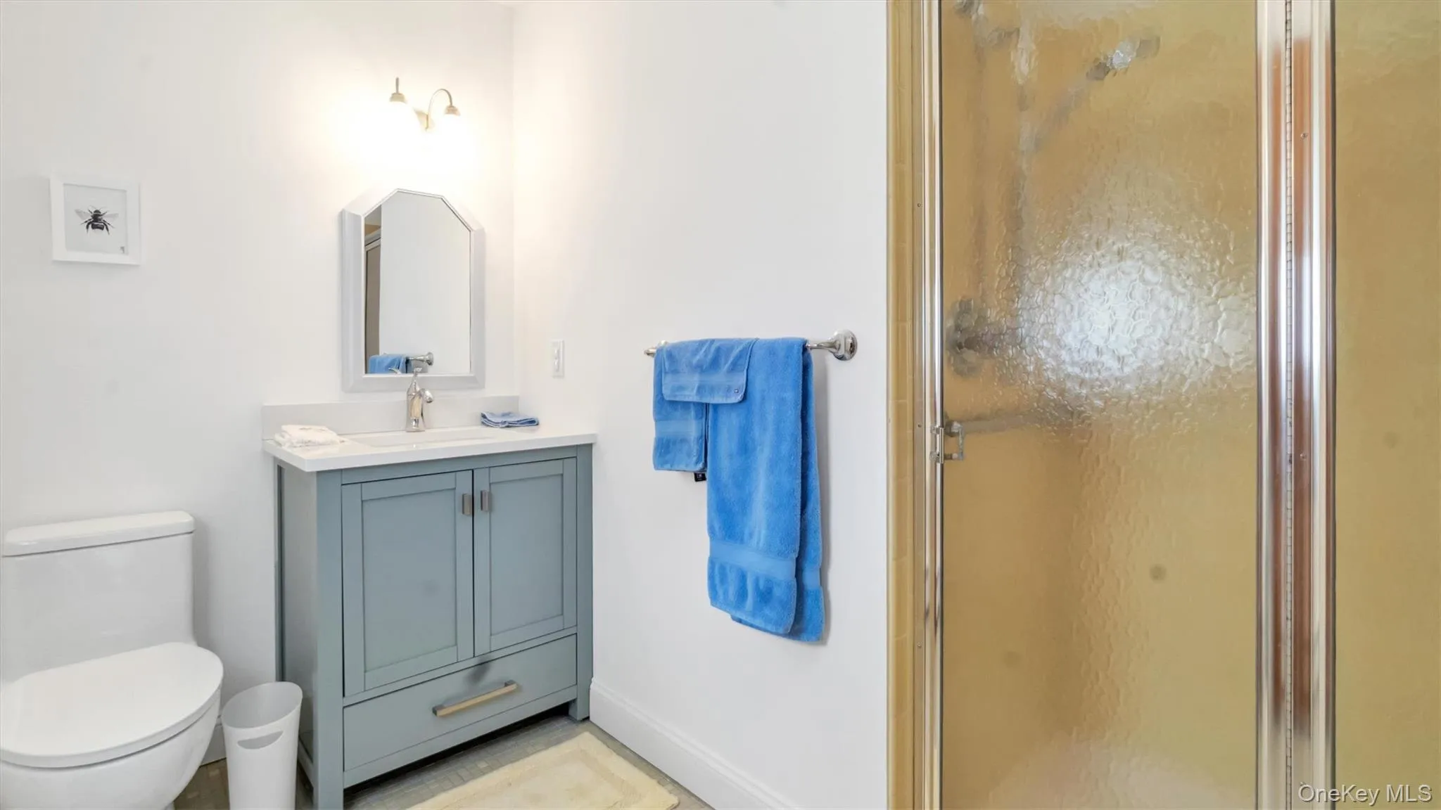 Full bathroom featuring a shower stall, toilet, and vanity Full bathroom featuring a shower stall, toilet, and vanity