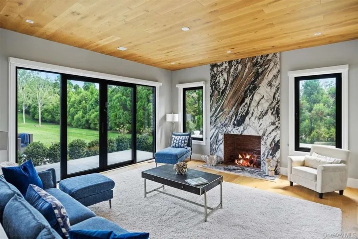 Living room featuring wood ceiling and a stone fireplace