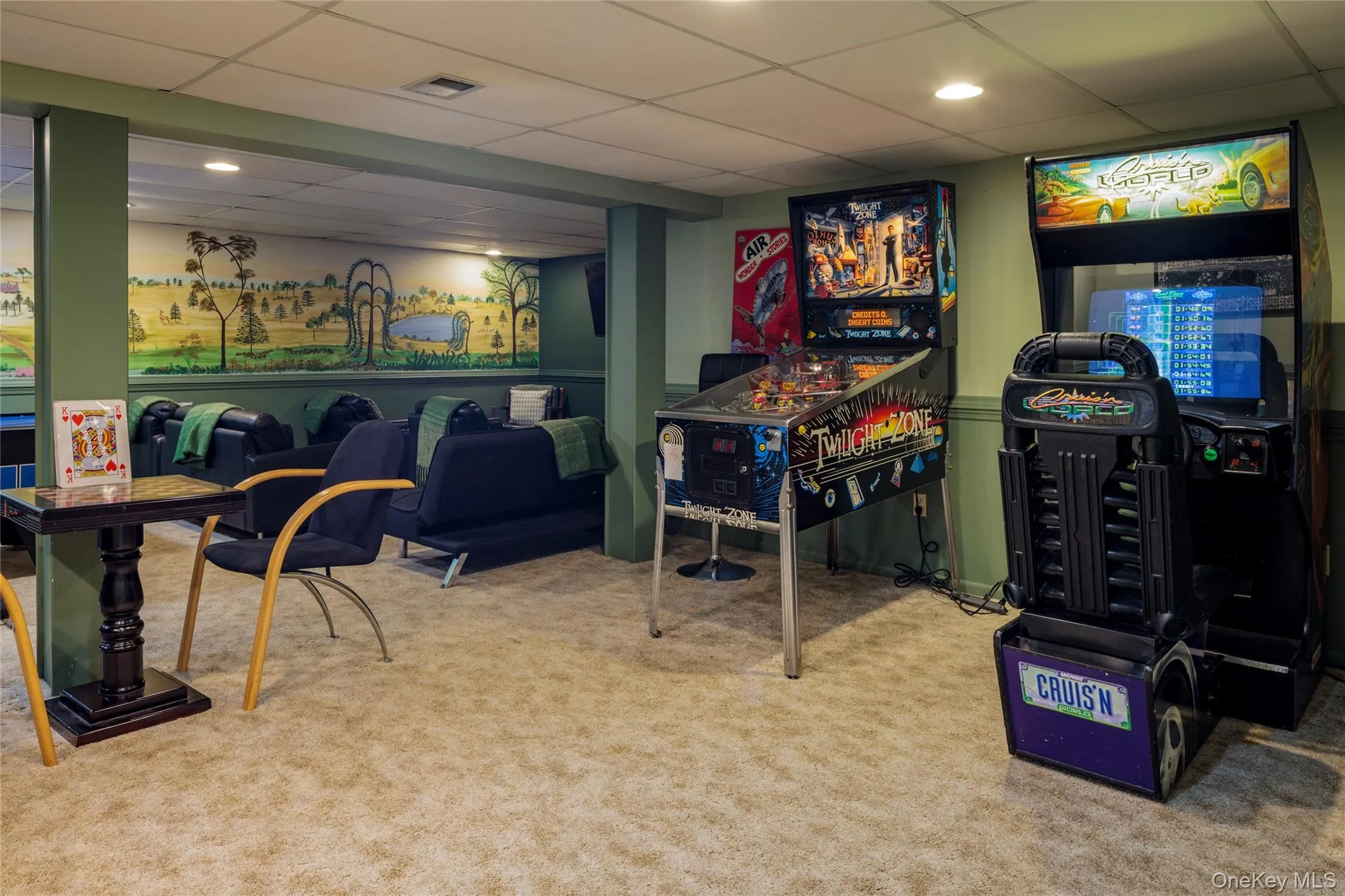 Playroom with a drop ceiling, visible vents, and carpet Playroom with a drop ceiling, visible vents, and carpet