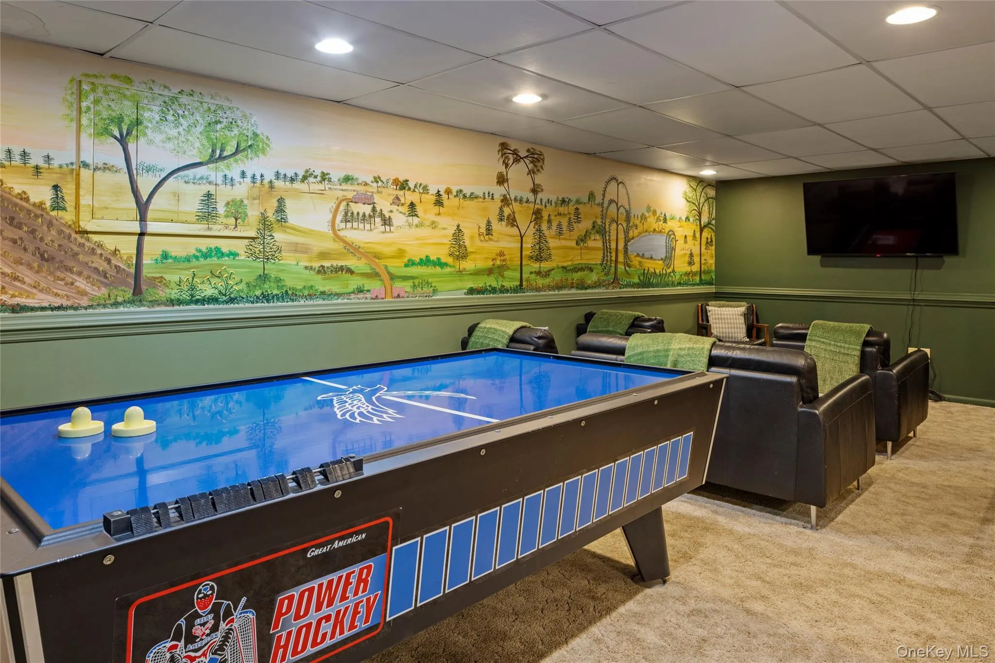 Recreation room with recessed lighting, carpet, and a paneled ceiling Recreation room with recessed lighting, carpet, and a paneled ceiling