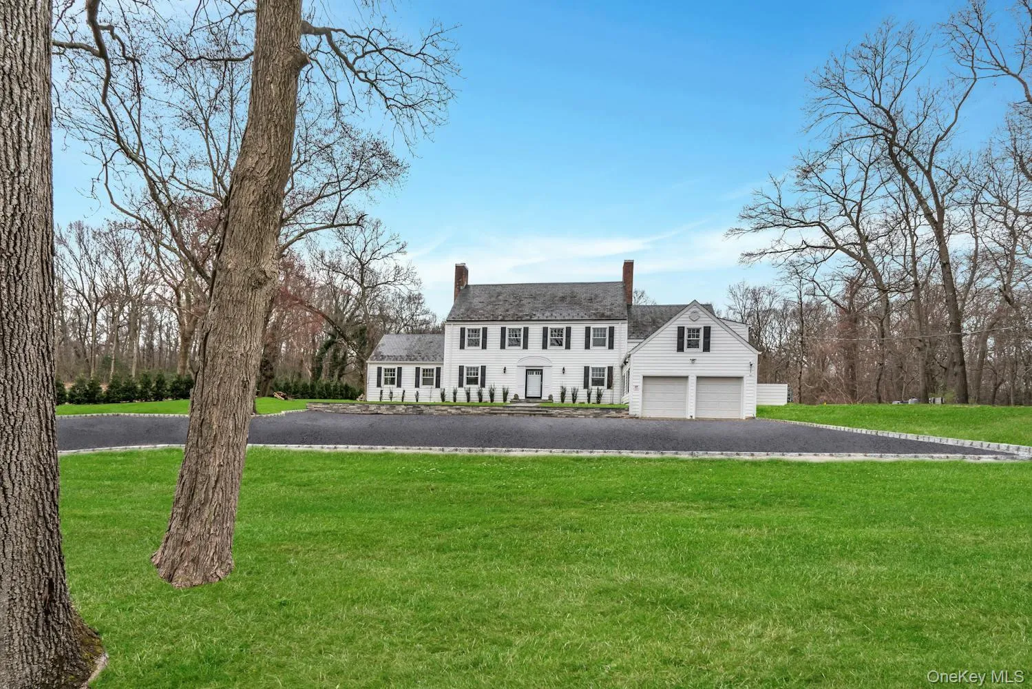 View of front of home featuring driveway, a front yard, and a chimney View of front of home featuring driveway, a front yard, and a chimney