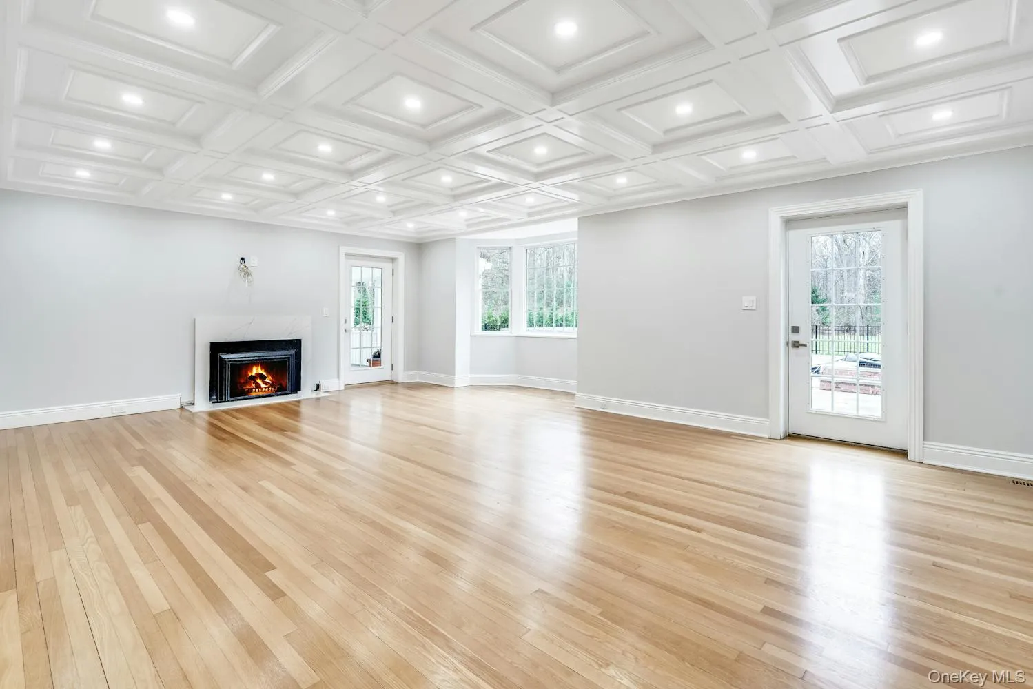 Unfurnished living room featuring baseboards, a high end fireplace, and light wood-style floors Unfurnished living room featuring baseboards, a high end fireplace, and light wood-style floors