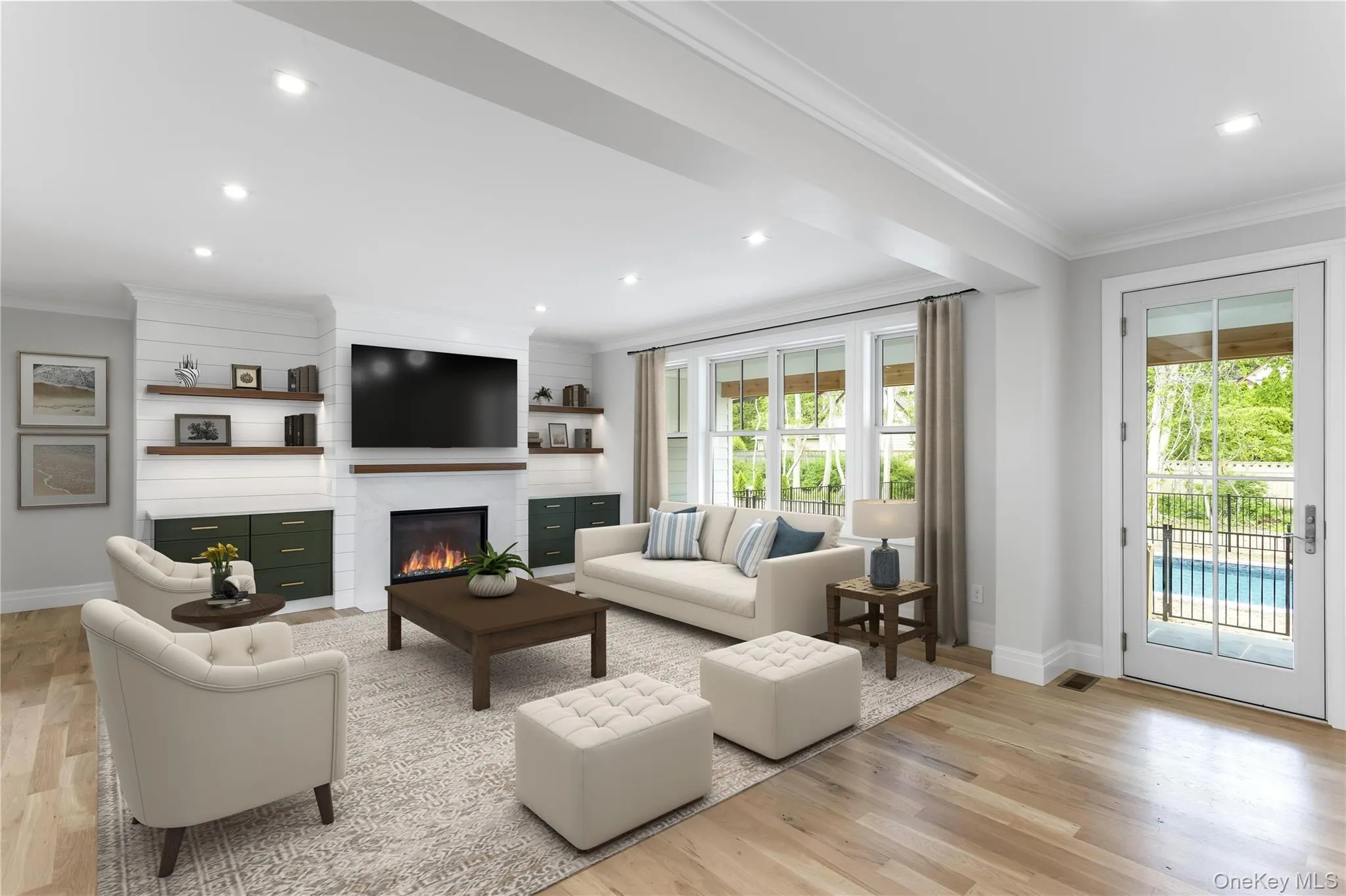 Great Rm Open Staged Concept living with a large fireplace, crown molding, light wood-type flooring, and recessed lightingvirtually staged Great Rm Open Staged Concept living with a large fireplace, crown molding, light wood-type flooring, and recessed lightingvirtually staged