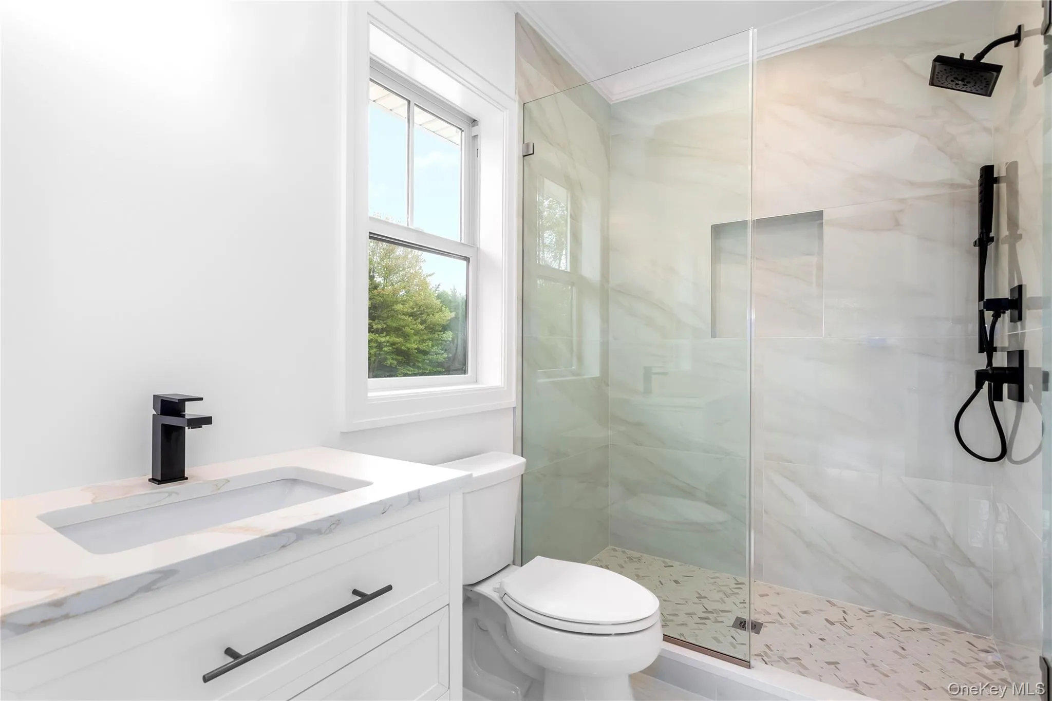 Bathroom with healthy amount of natural light, a marble finish shower, toilet, crown molding, and vanity Bathroom with healthy amount of natural light, a marble finish shower, toilet, crown molding, and vanity