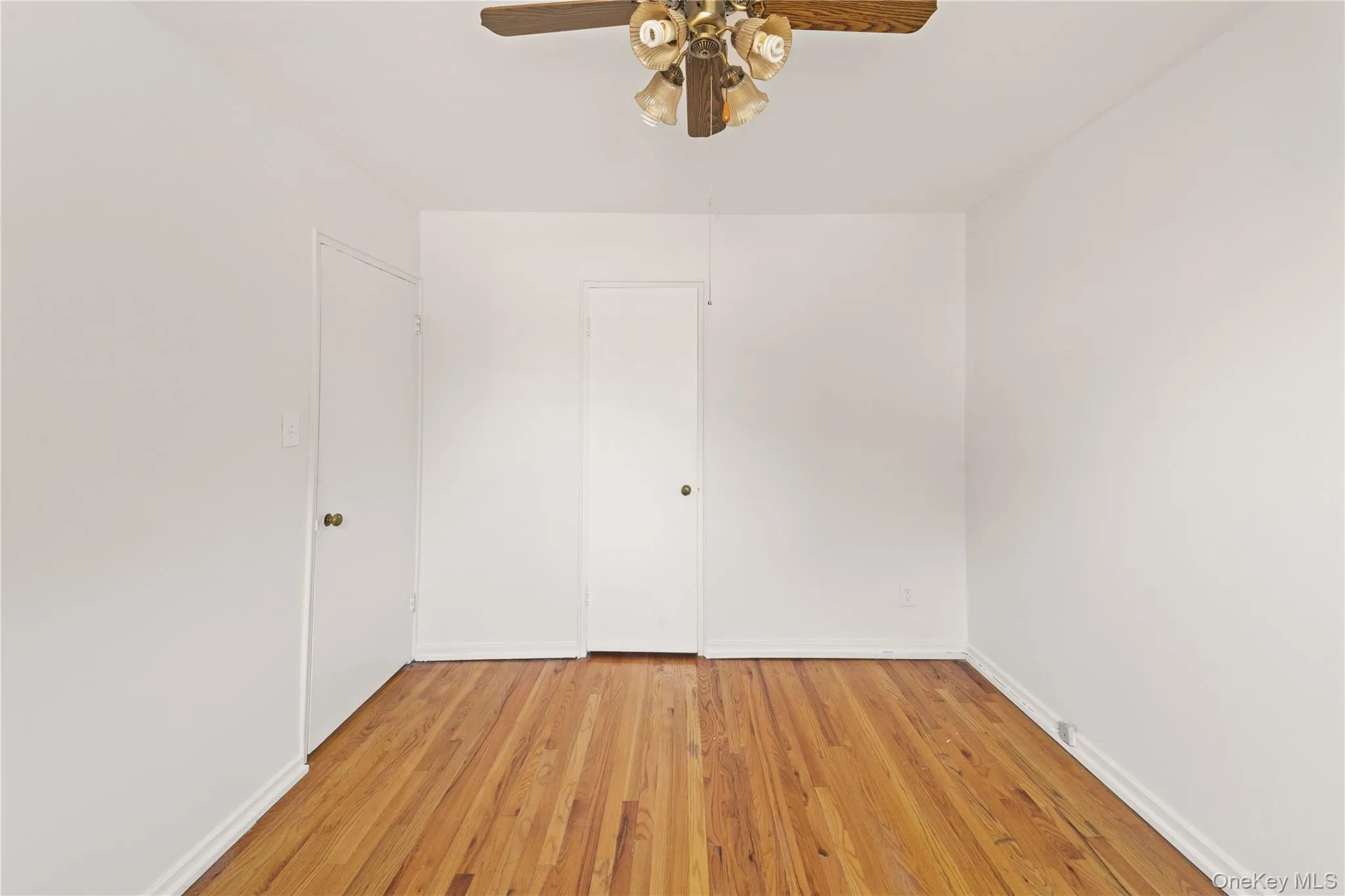 Unfurnished room featuring light wood-type flooring and a ceiling fan Unfurnished room featuring light wood-type flooring and a ceiling fan