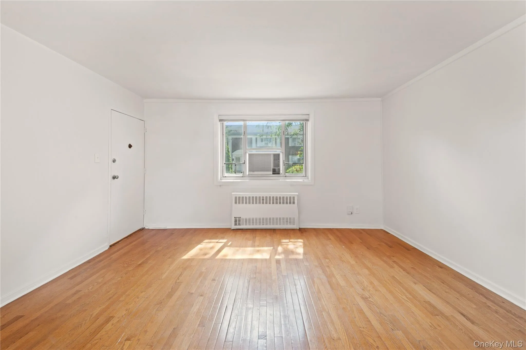Empty room with radiator heating unit and light wood-style floors Empty room with radiator heating unit and light wood-style floors