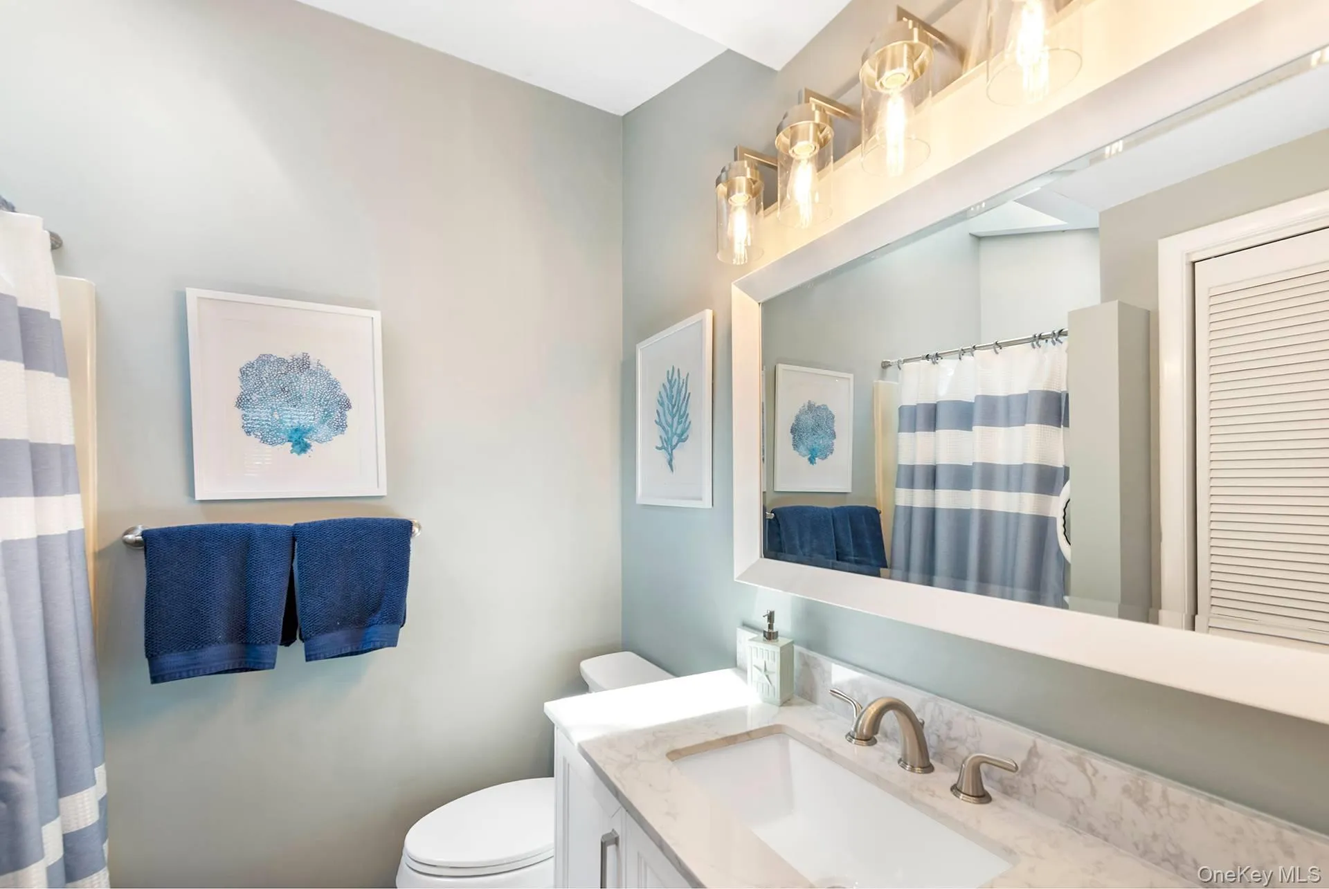 Bathroom with toilet, a shower with shower curtain, and vanity Bathroom with toilet, a shower with shower curtain, and vanity