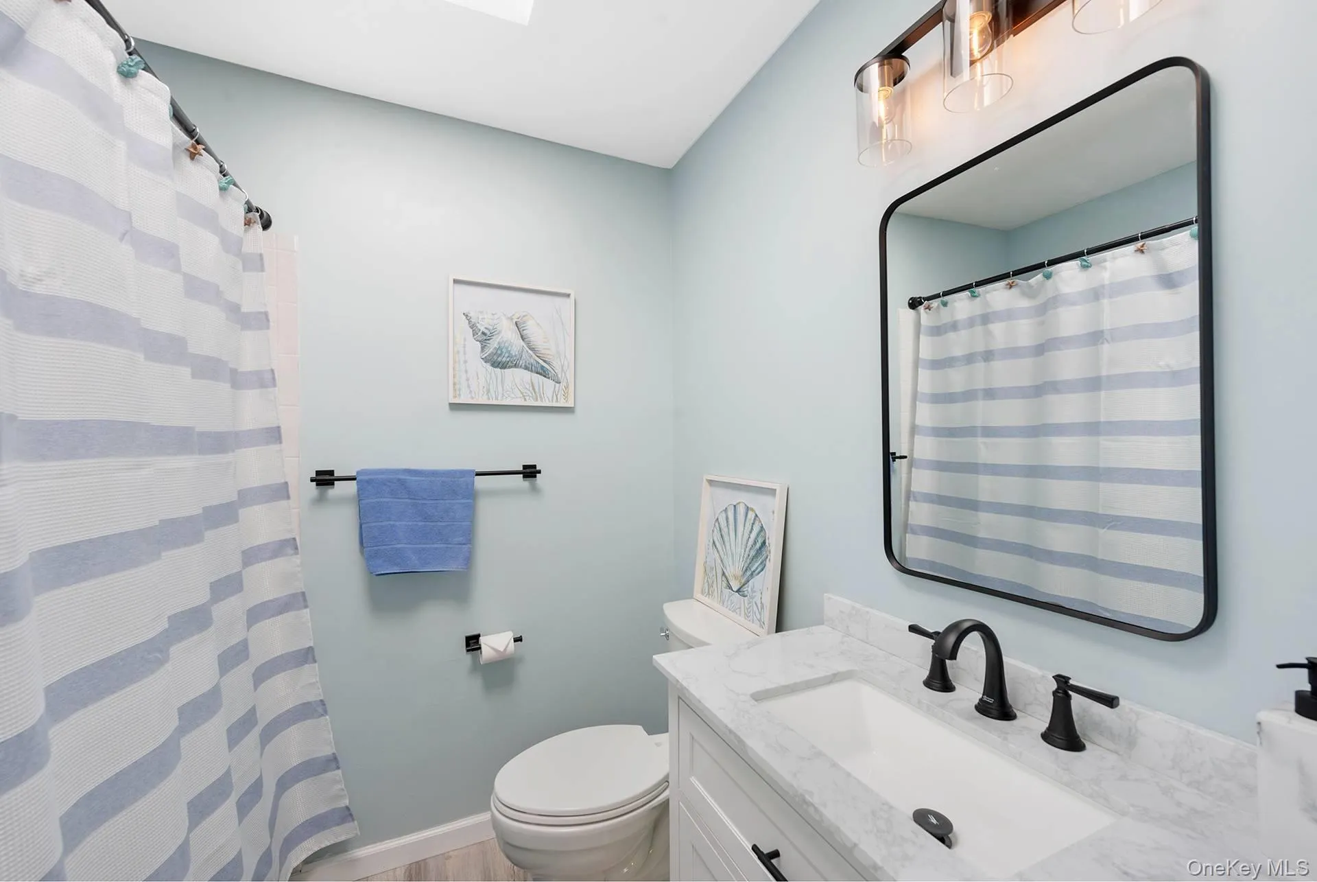 Full bath featuring toilet, baseboards, curtained shower, and vanity Full bath featuring toilet, baseboards, curtained shower, and vanity