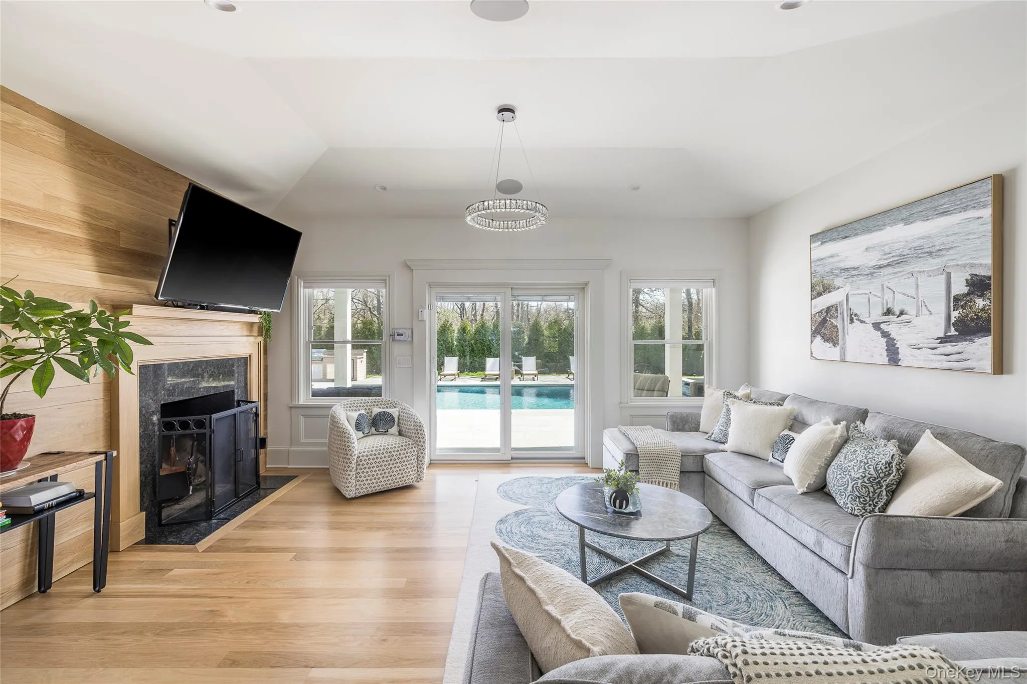 Living room with a premium fireplace, a healthy amount of sunlight, and light wood-type flooring Living room with a premium fireplace, a healthy amount of sunlight, and light wood-type flooring