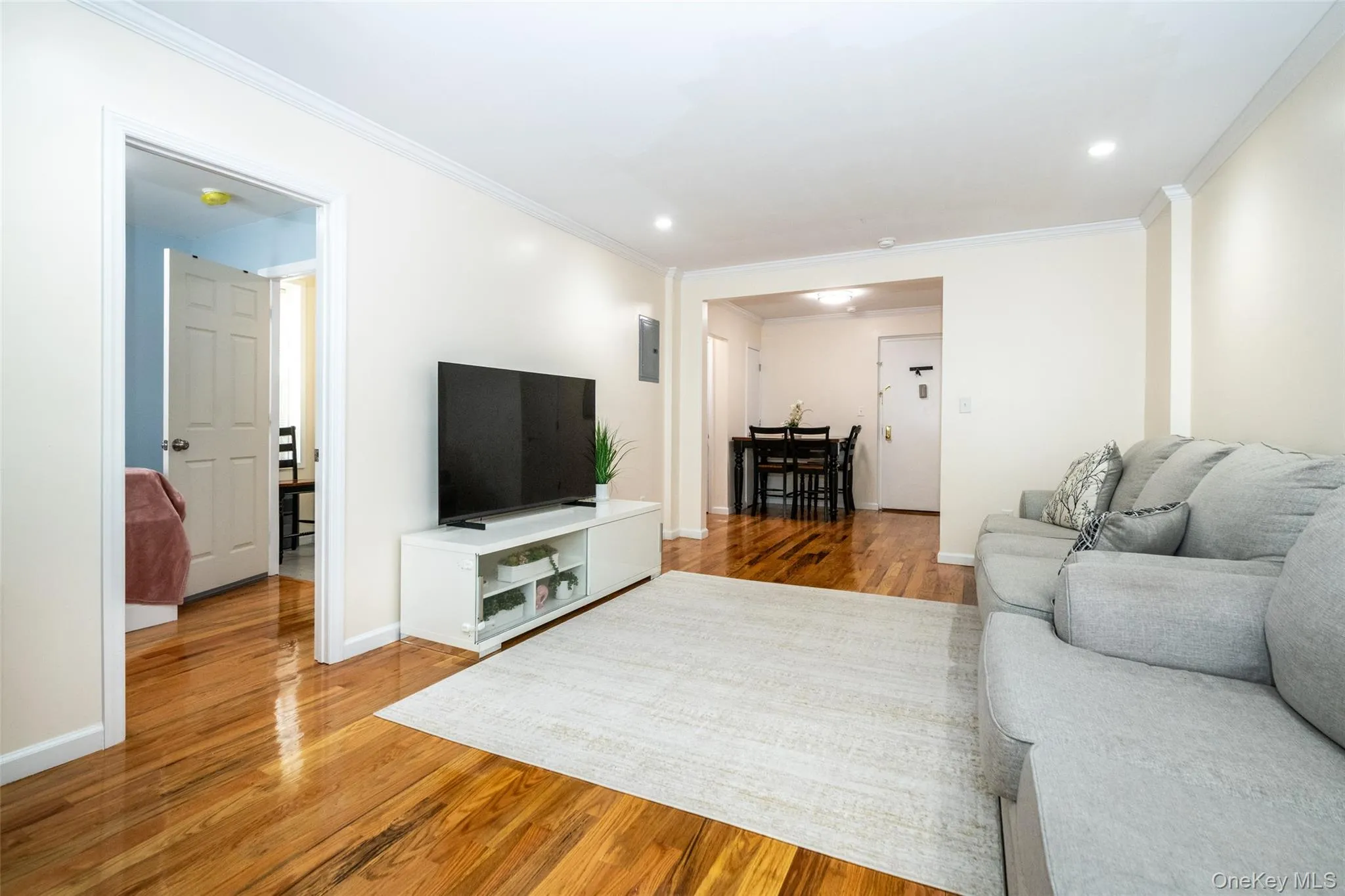 Living area featuring wood finished floors, ornamental molding, recessed lighting, baseboards, and electric panel Living area featuring wood finished floors, ornamental molding, recessed lighting, baseboards, and electric panel