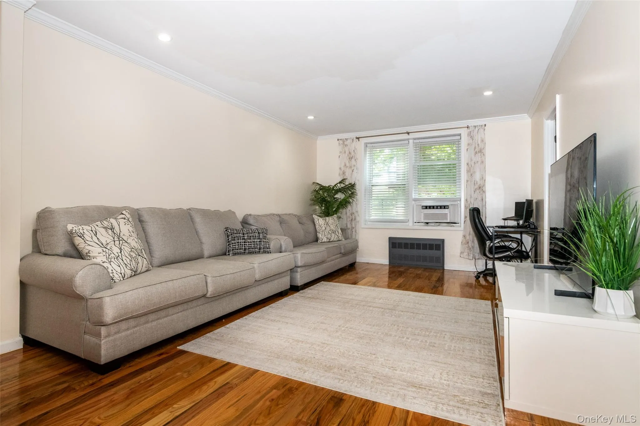 Living room with radiator heating unit, crown molding, dark wood-type flooring, baseboards, and recessed lighting Living room with radiator heating unit, crown molding, dark wood-type flooring, baseboards, and recessed lighting