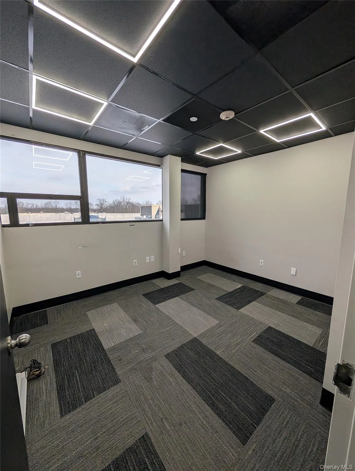 Empty room with dark carpet and a drop ceiling Empty room with dark carpet and a drop ceiling