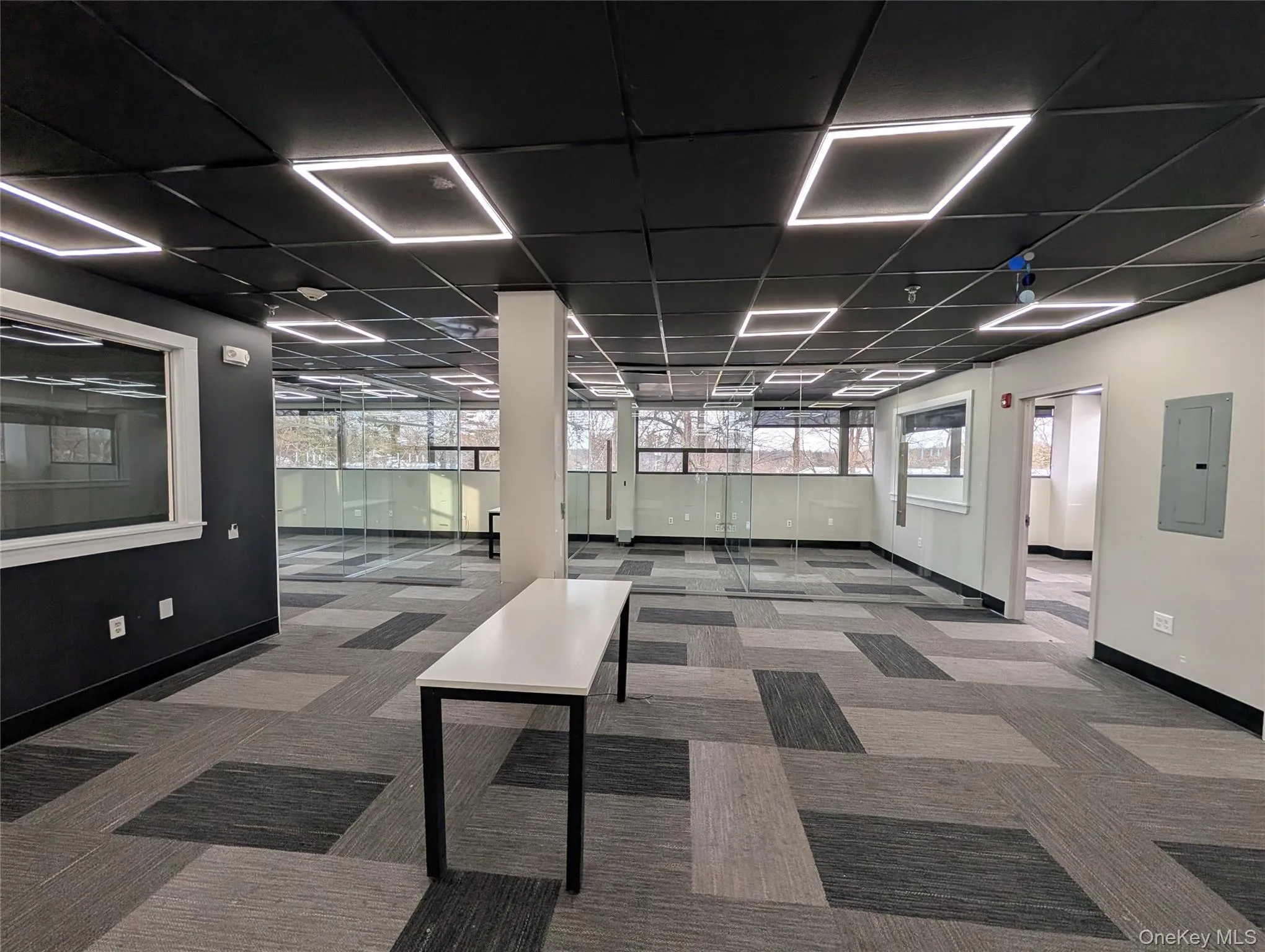 Common area featuring electric panel and a drop ceiling Common area featuring electric panel and a drop ceiling