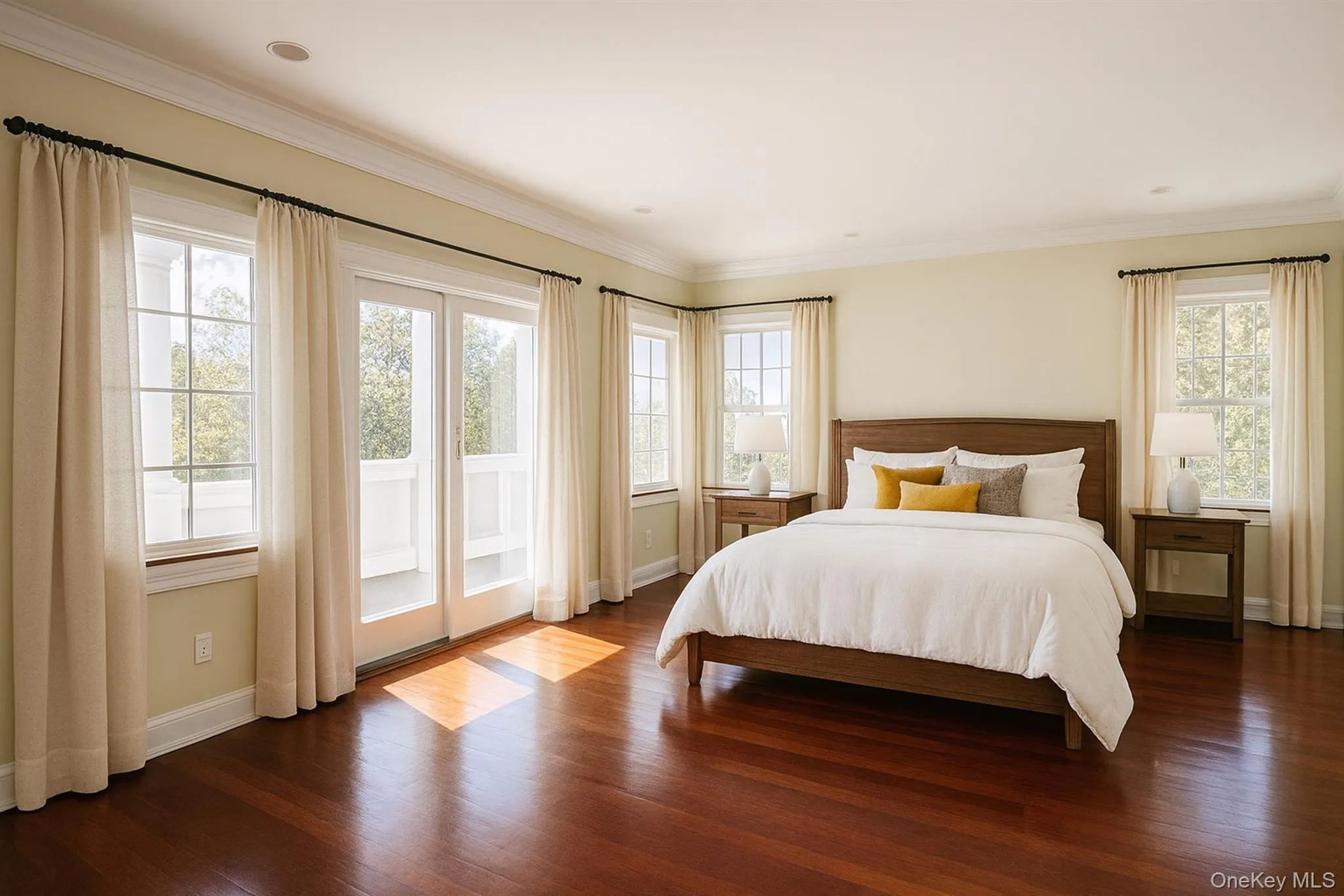 Primary Bedroom featuring crown molding, access to exterior balcony, and wood finished floors Primary Bedroom featuring crown molding, access to exterior balcony, and wood finished floors