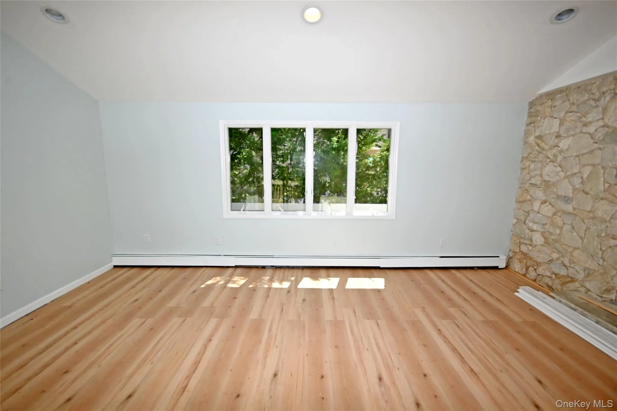 Empty room with wood finished floors and lofted ceiling Empty room with wood finished floors and lofted ceiling