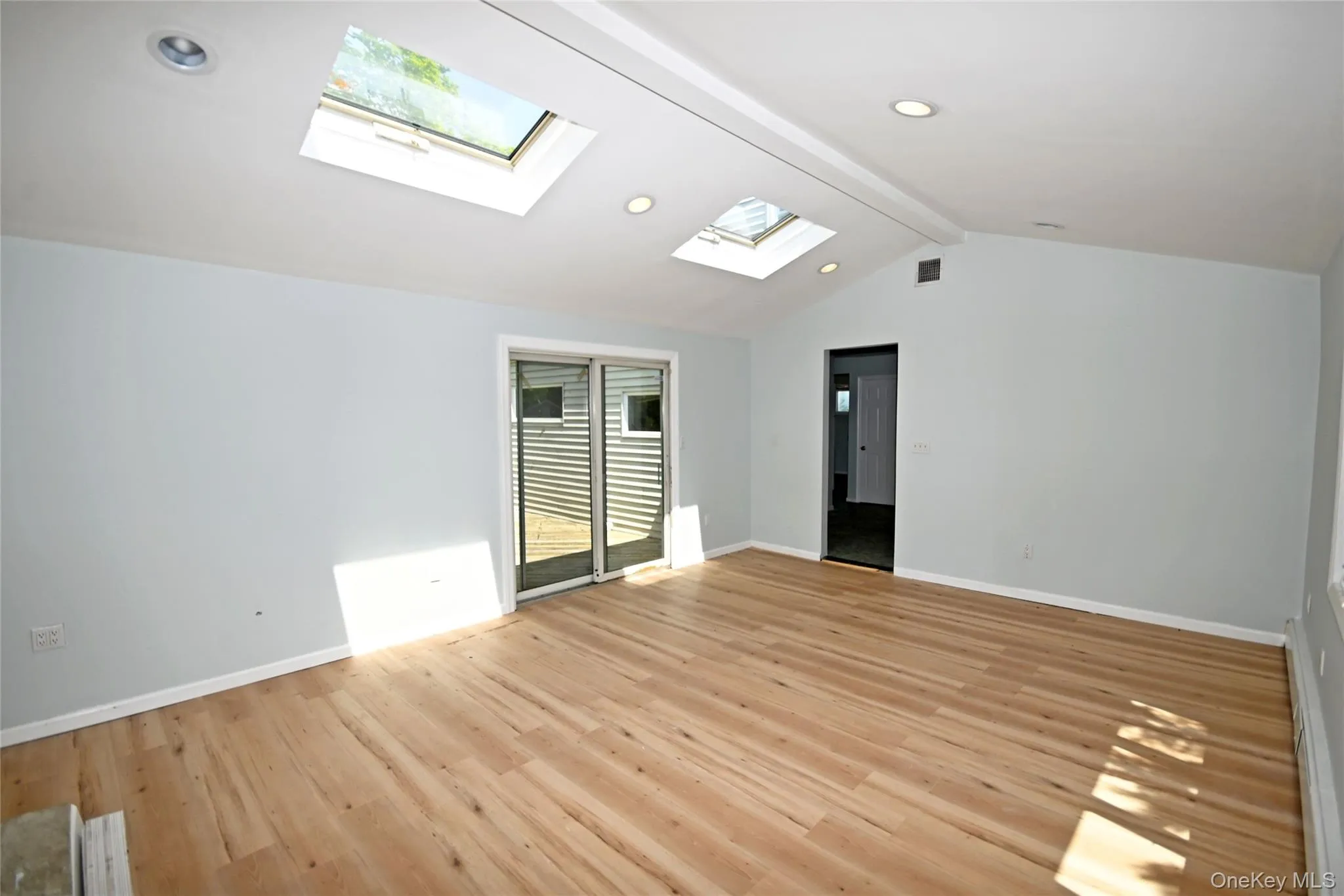 Empty room featuring a skylight, light wood-style floors, baseboards, and recessed lighting Empty room featuring a skylight, light wood-style floors, baseboards, and recessed lighting