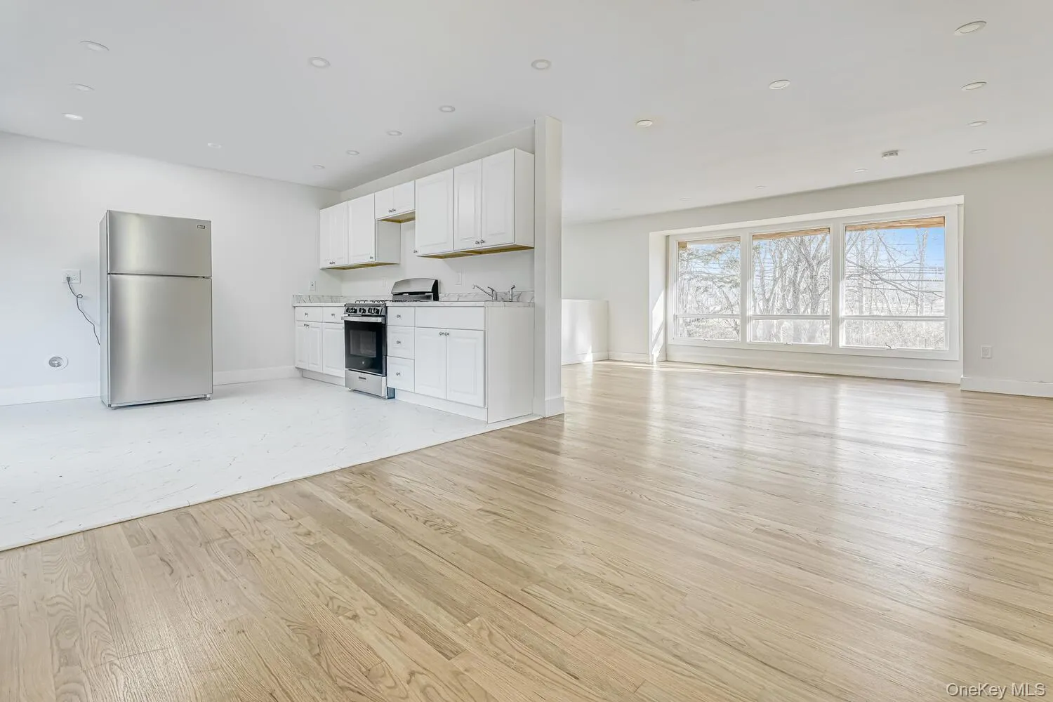 Kitchen featuring stainless steel appliances, open floor plan, light wood-style flooring, white cabinetry, and light countertops Kitchen featuring stainless steel appliances, open floor plan, light wood-style flooring, white cabinetry, and light countertops