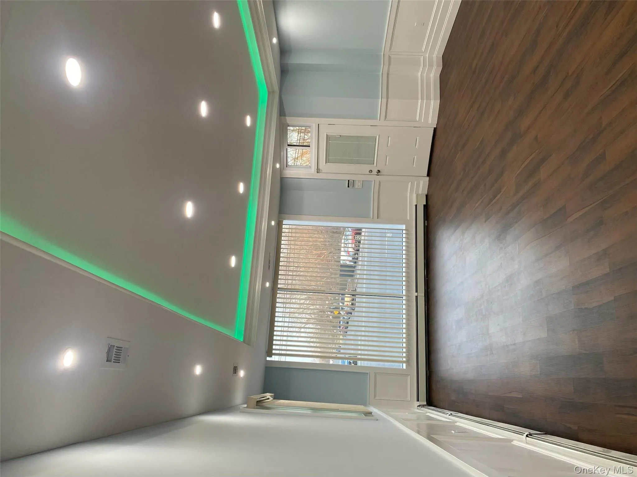 Empty room with a raised ceiling, a decorative wall, baseboard heating, wood finished floors, and recessed lighting Empty room with a raised ceiling, a decorative wall, baseboard heating, wood finished floors, and recessed lighting