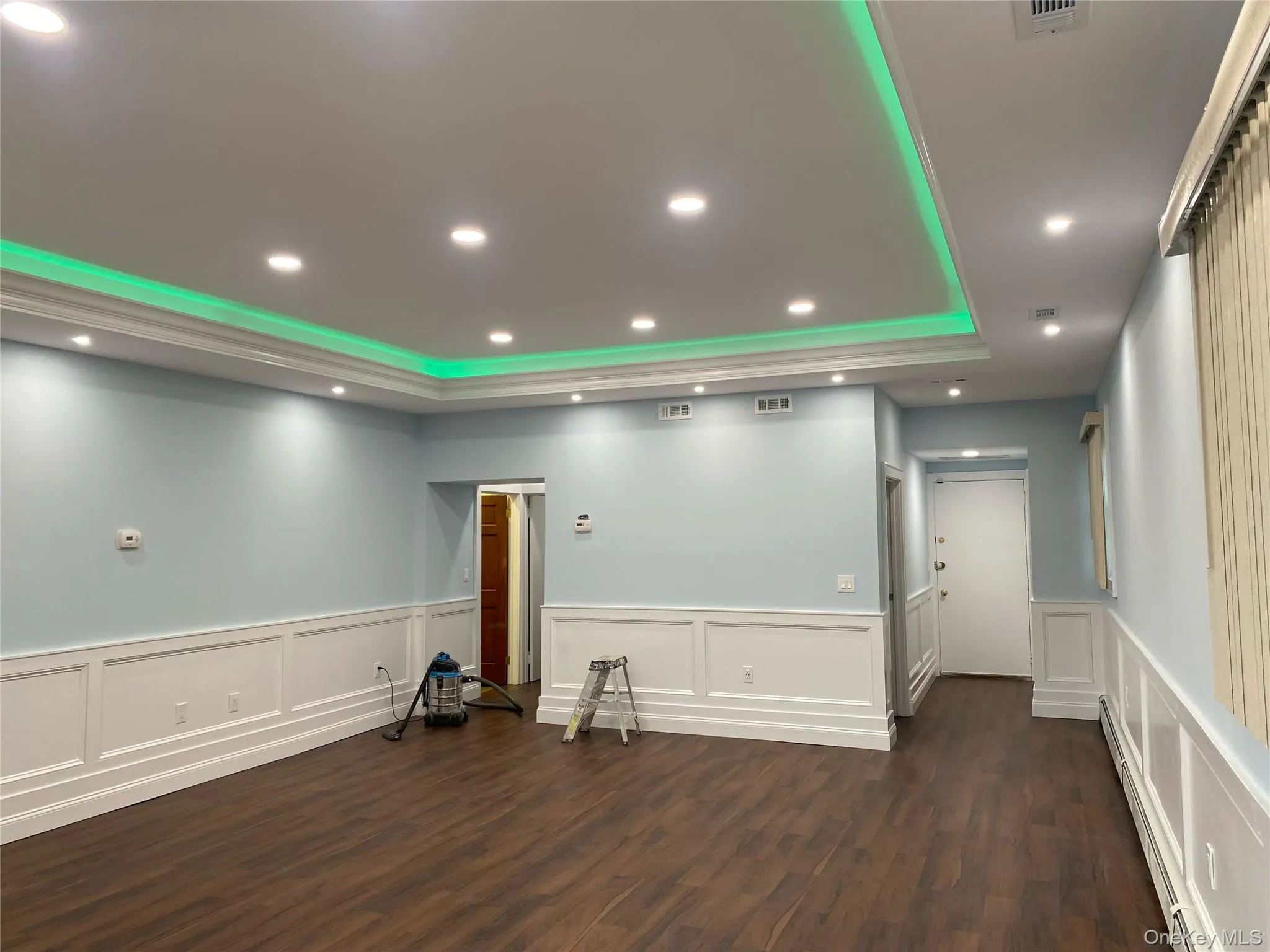 Unfurnished room with a tray ceiling, a baseboard heating unit, dark wood-style floors, a decorative wall, and recessed lighting Unfurnished room with a tray ceiling, a baseboard heating unit, dark wood-style floors, a decorative wall, and recessed lighting