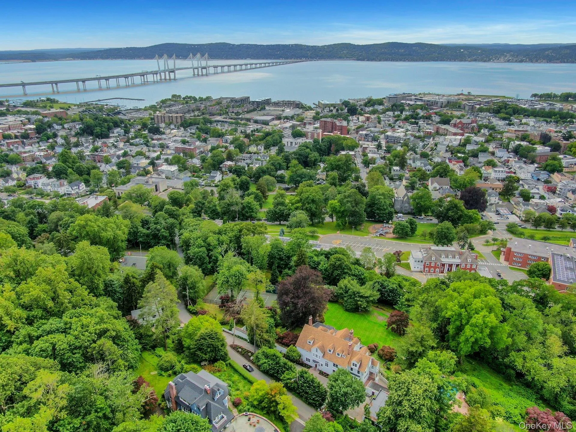Drone / aerial view of a nearby body Hudson River and a Mario Cuomo (aka: Tappan Zee) bridge Drone / aerial view of a nearby body Hudson River and a Mario Cuomo (aka: Tappan Zee) bridge