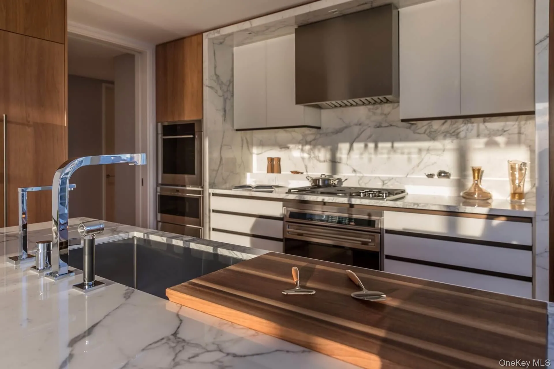 Kitchen featuring modern cabinets, wall chimney range hood, appliances with stainless steel finishes, backsplash, and a sink Kitchen featuring modern cabinets, wall chimney range hood, appliances with stainless steel finishes, backsplash, and a sink