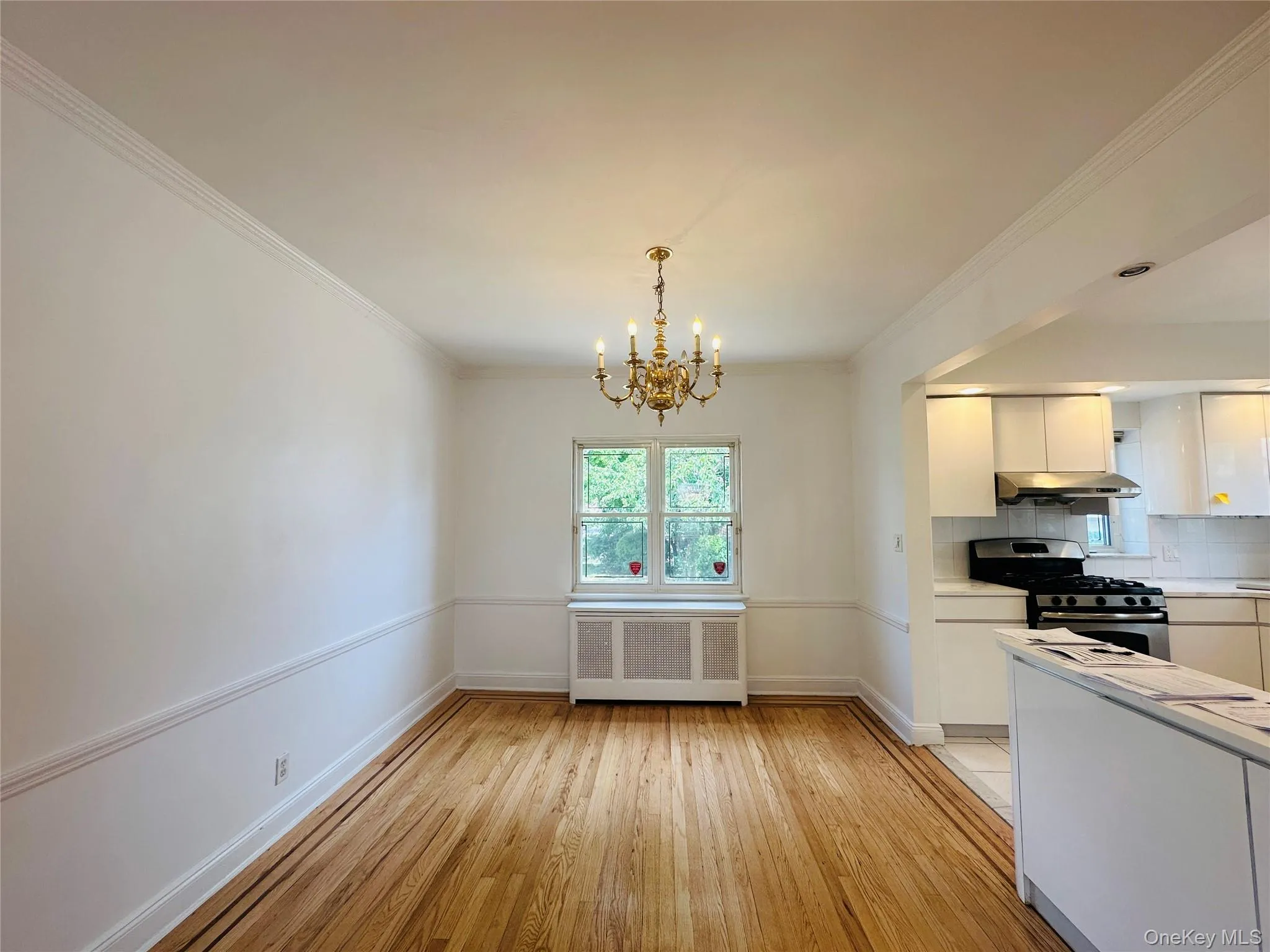 Unfurnished dining area featuring light wood-style flooring, a chandelier, radiator, and ornamental molding Unfurnished dining area featuring light wood-style flooring, a chandelier, radiator, and ornamental molding
