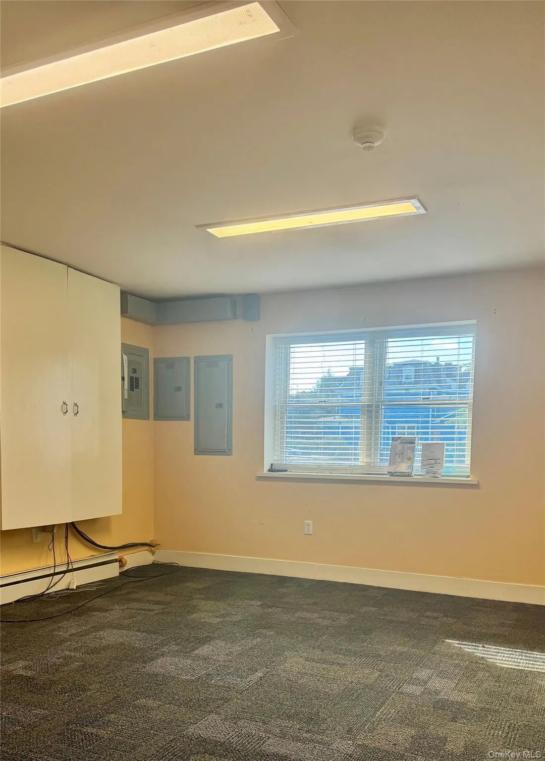 Unfurnished room with electric panel, dark colored carpet, and a baseboard radiator Unfurnished room with electric panel, dark colored carpet, and a baseboard radiator
