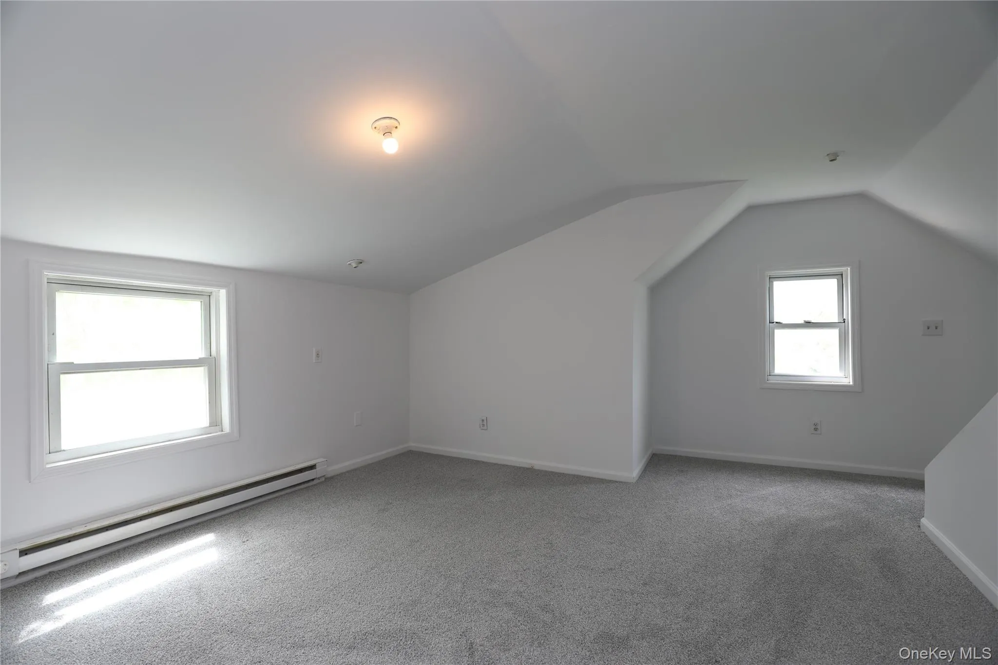 Bonus room with baseboard heating, lofted ceiling, carpet floors, and baseboards Bonus room with baseboard heating, lofted ceiling, carpet floors, and baseboards