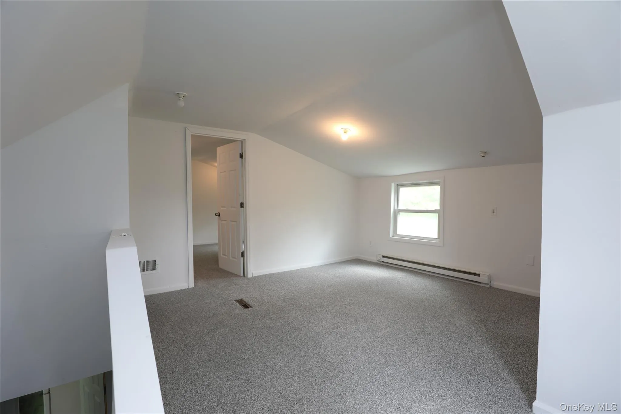 Bonus room with a baseboard heating unit, vaulted ceiling, carpet, and baseboards Bonus room with a baseboard heating unit, vaulted ceiling, carpet, and baseboards