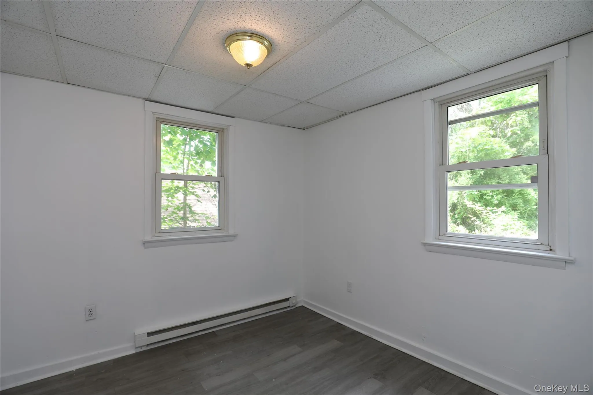Spare room with a baseboard radiator, a paneled ceiling, dark wood-style flooring, and plenty of natural light Spare room with a baseboard radiator, a paneled ceiling, dark wood-style flooring, and plenty of natural light