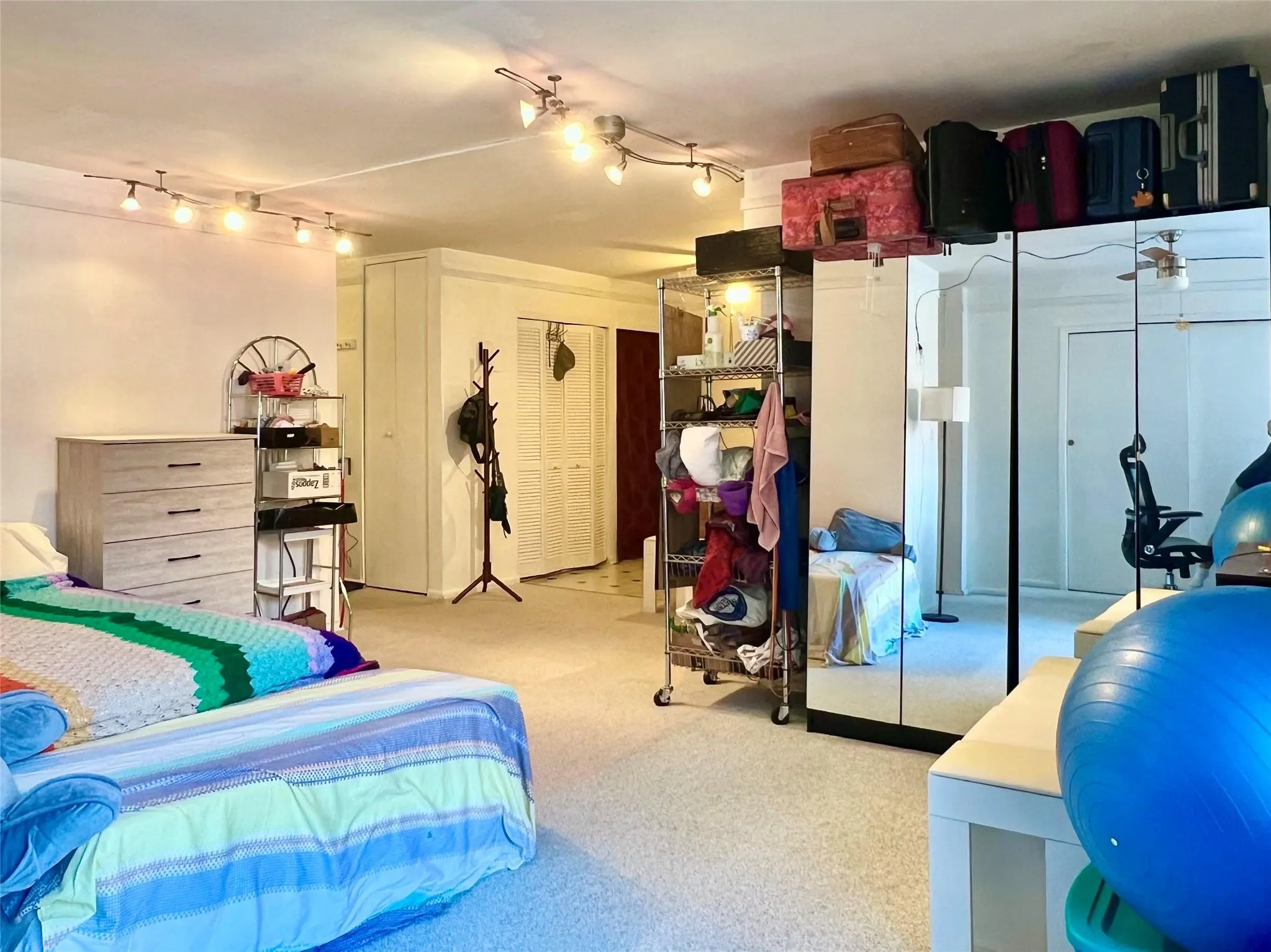 Bedroom featuring carpet and track lighting Bedroom featuring carpet and track lighting