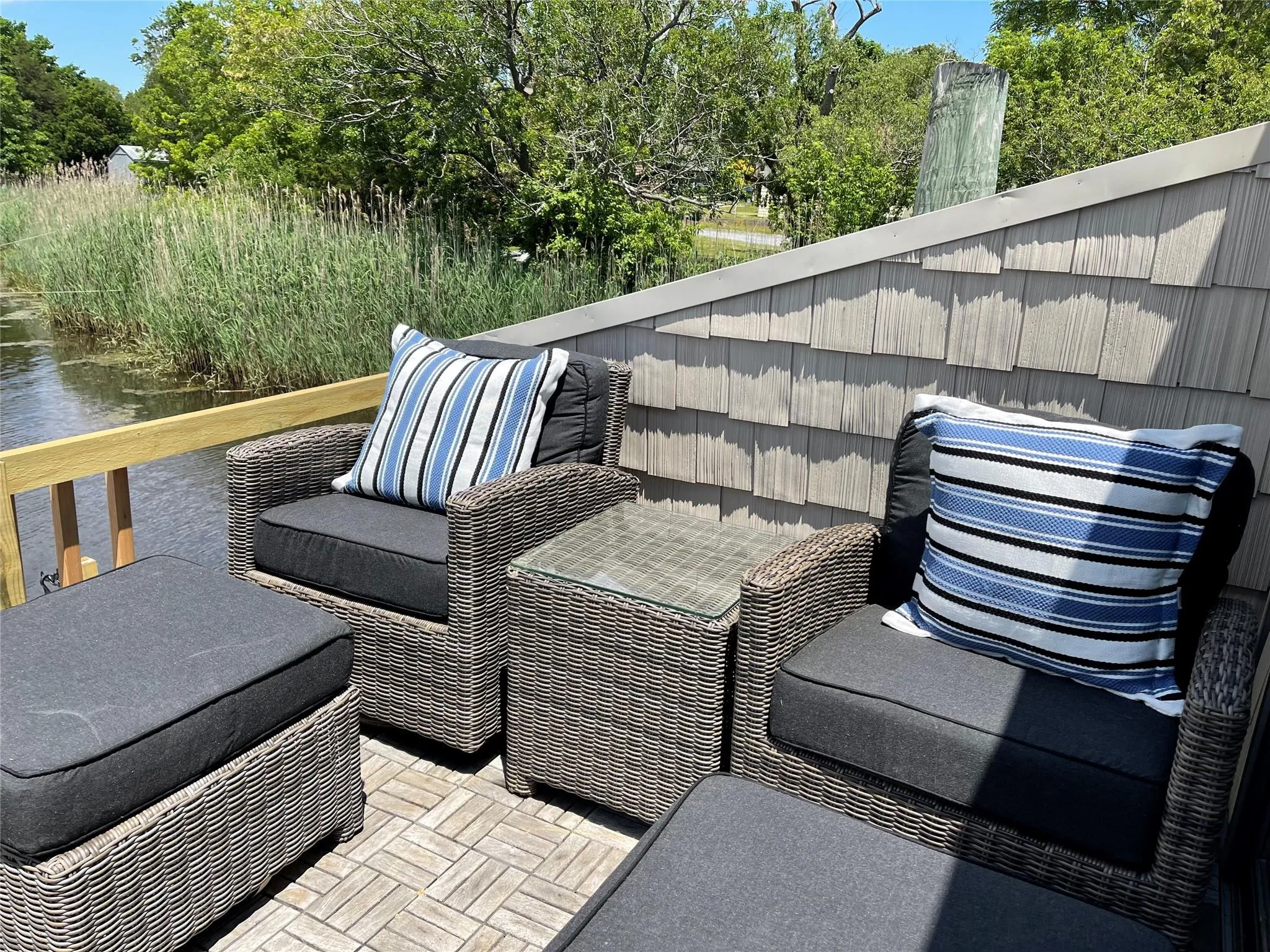 Wooden terrace featuring a water view and view of scattered trees Wooden terrace featuring a water view and view of scattered trees