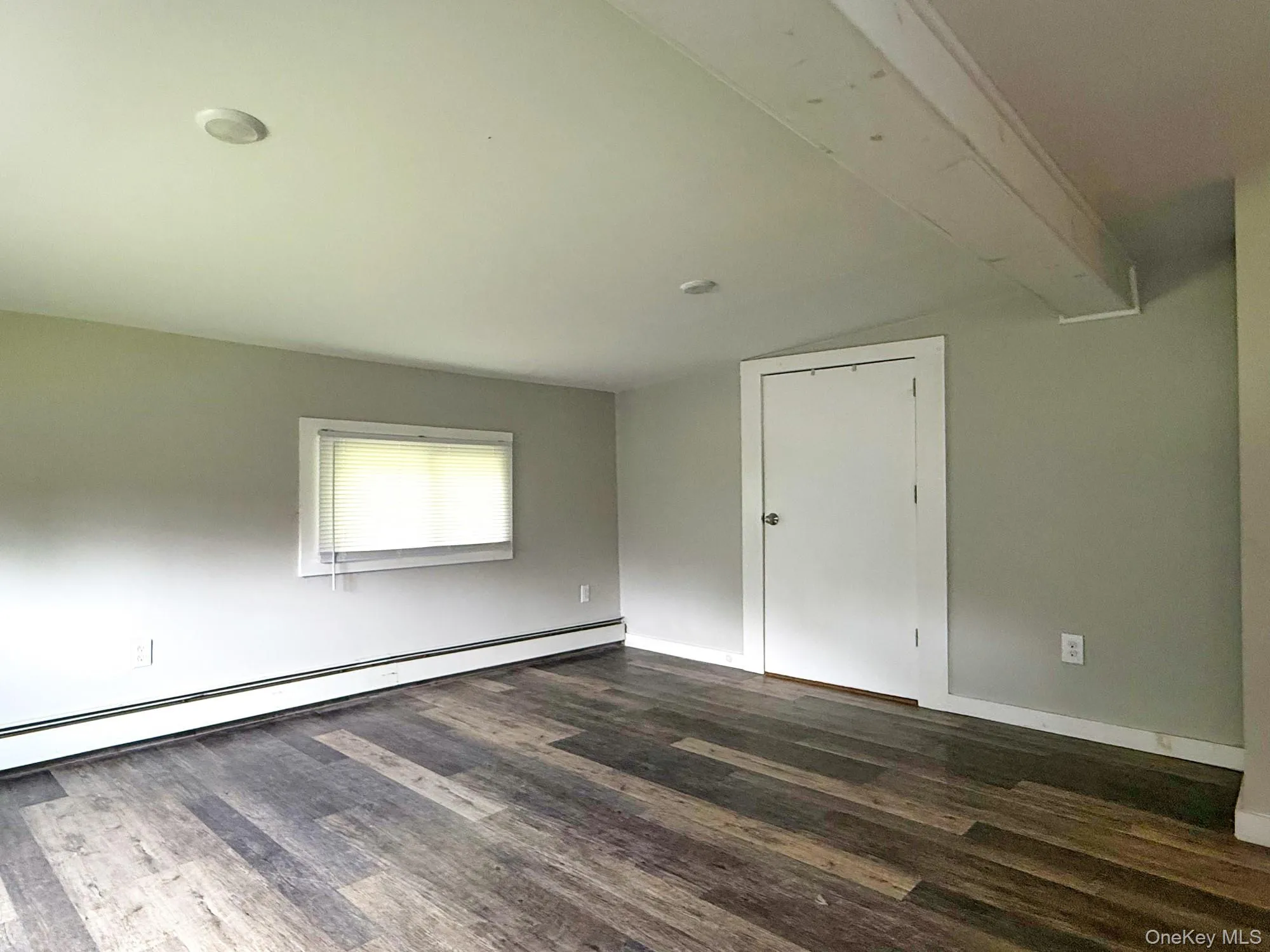 Empty room featuring a baseboard radiator, dark wood-style flooring, and vaulted ceiling Empty room featuring a baseboard radiator, dark wood-style flooring, and vaulted ceiling