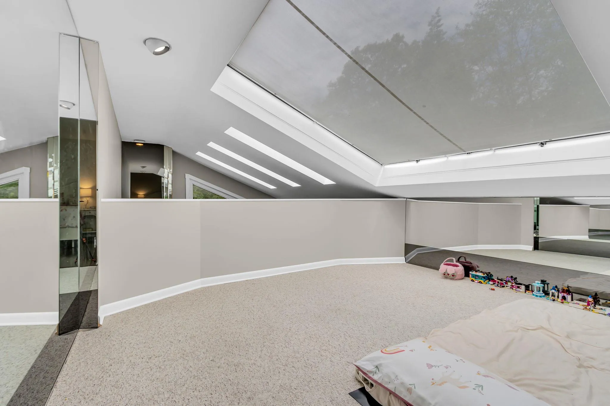 Additional living space featuring baseboards, a skylight, and vaulted ceiling Additional living space featuring baseboards, a skylight, and vaulted ceiling