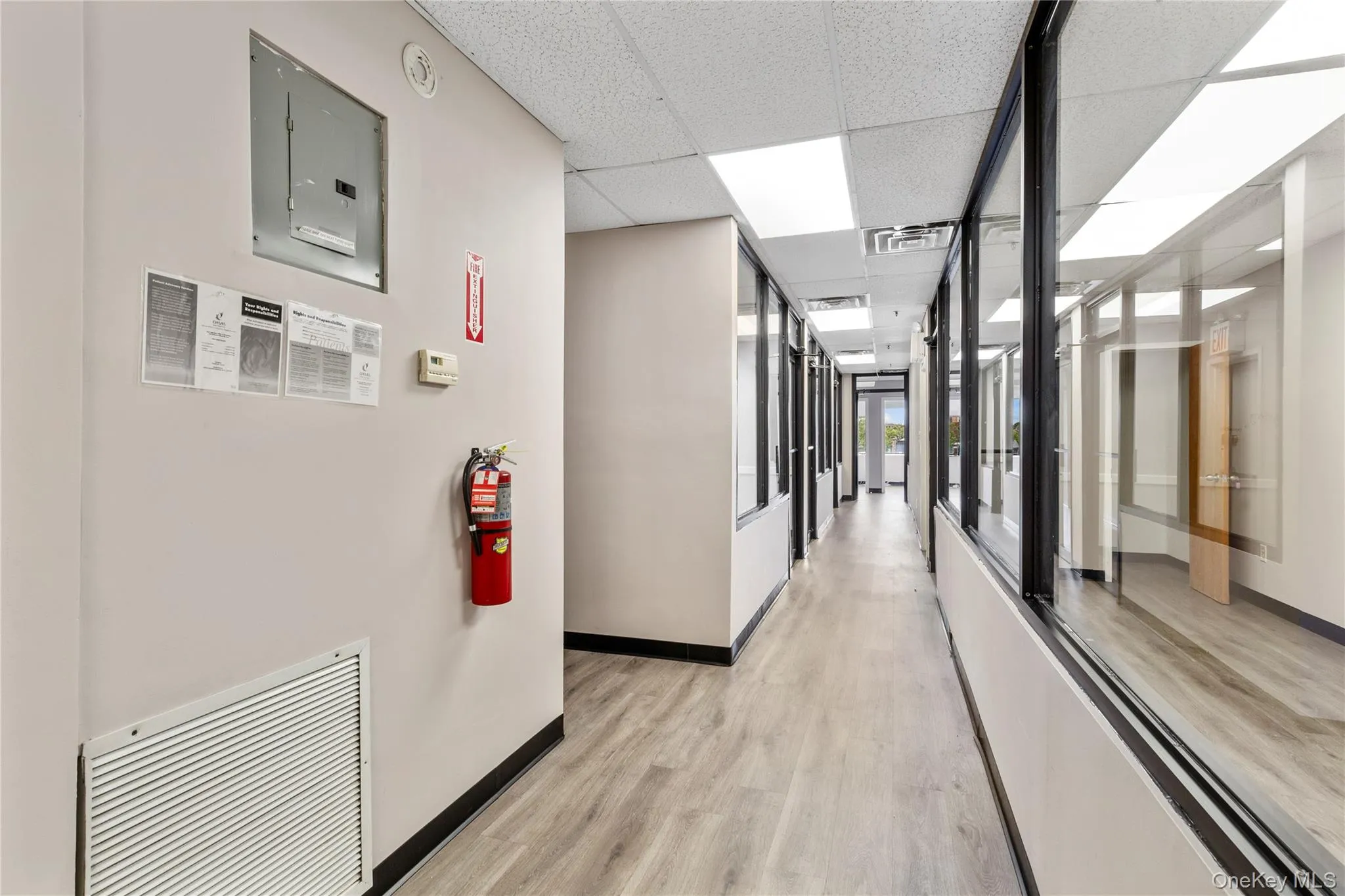 Corridor with light wood-style floors, a drop ceiling, baseboards, and electric panel Corridor with light wood-style floors, a drop ceiling, baseboards, and electric panel