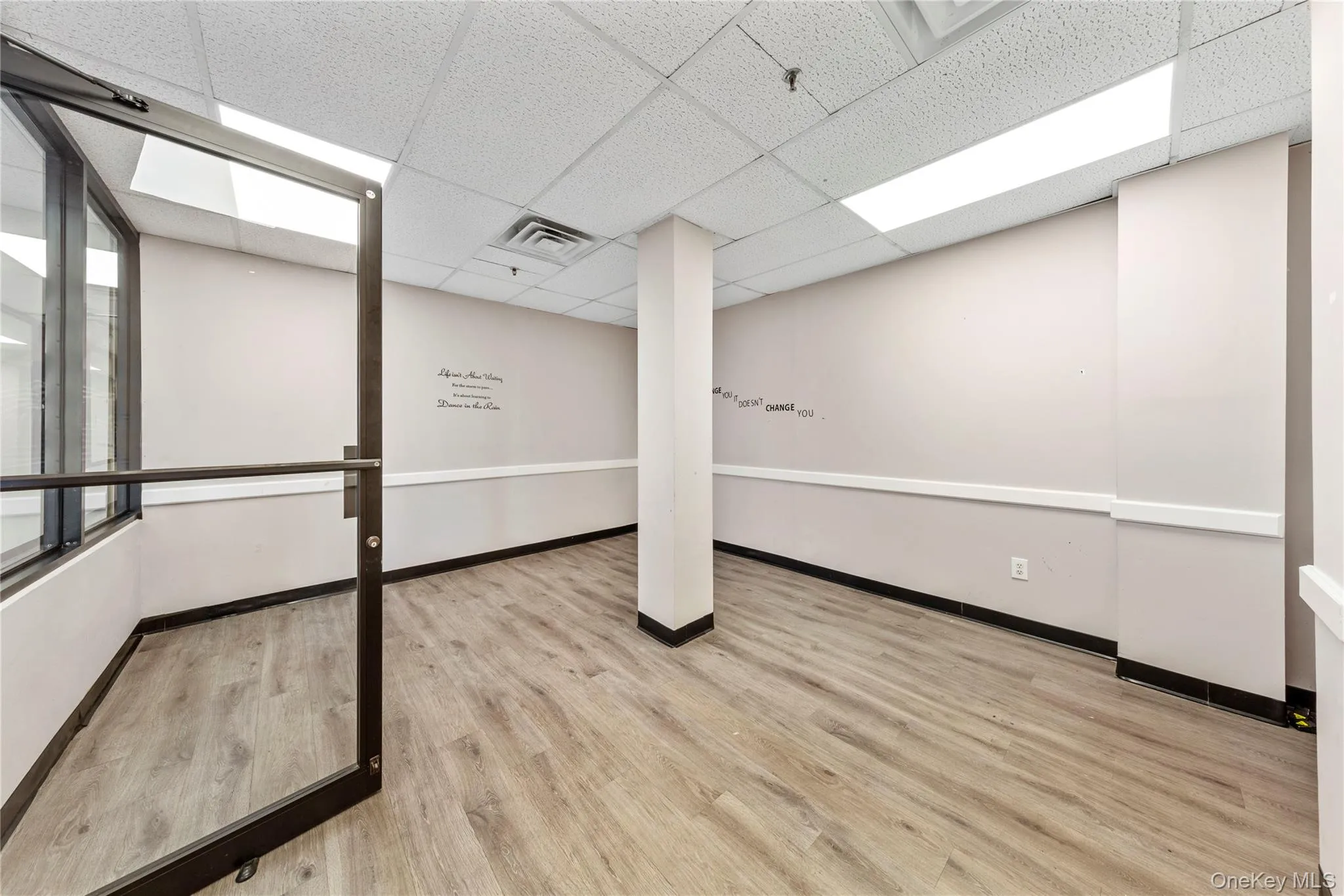 Empty room featuring a drop ceiling, wood finished floors, and baseboards Empty room featuring a drop ceiling, wood finished floors, and baseboards