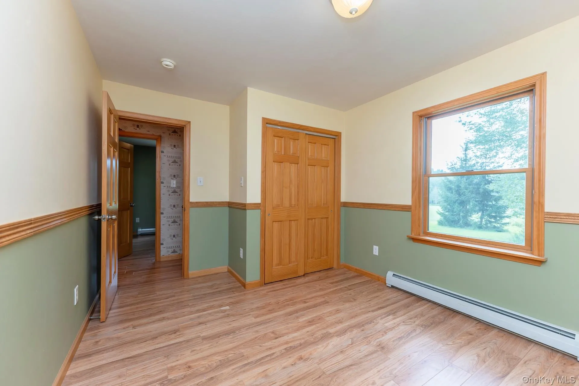 Unfurnished bedroom featuring a baseboard radiator, light wood-style flooring, a closet, and baseboards Unfurnished bedroom featuring a baseboard radiator, light wood-style flooring, a closet, and baseboards