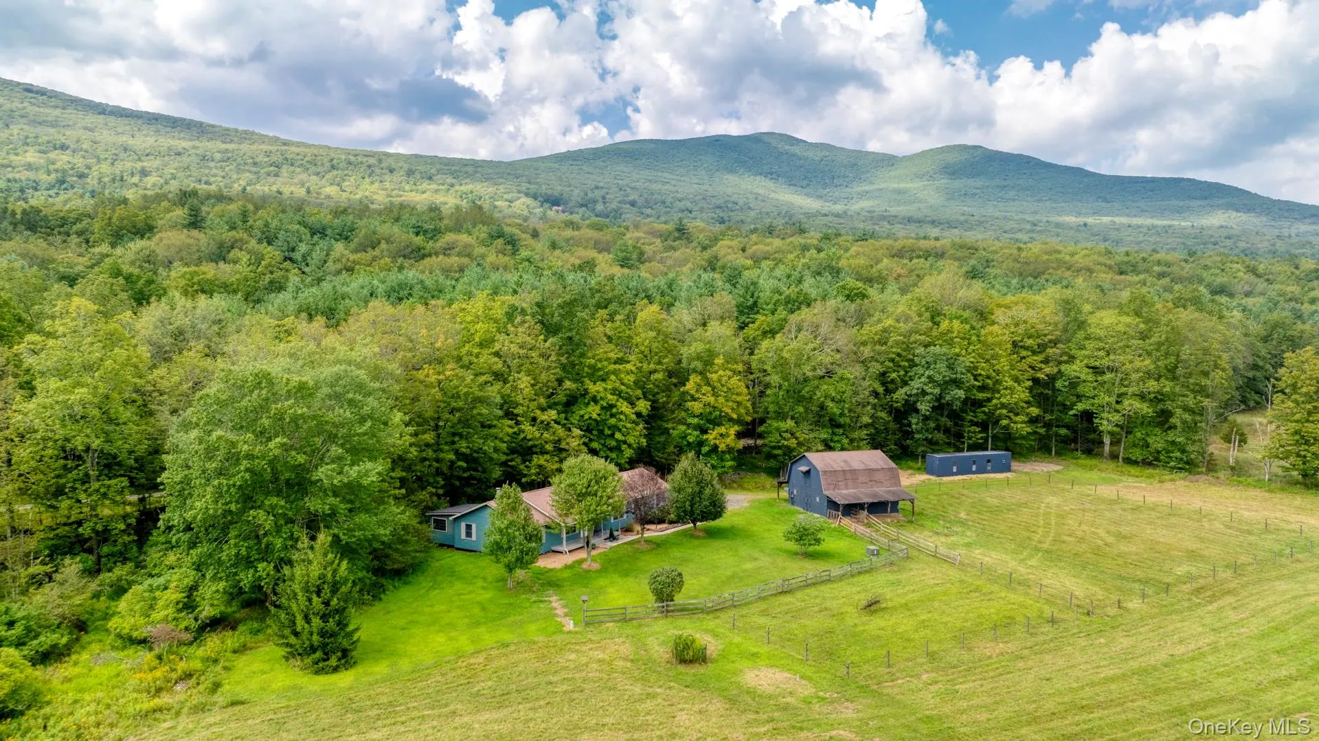 Overview of rural landscape featuring a heavily wooded area and a mountainous background Overview of rural landscape featuring a heavily wooded area and a mountainous background