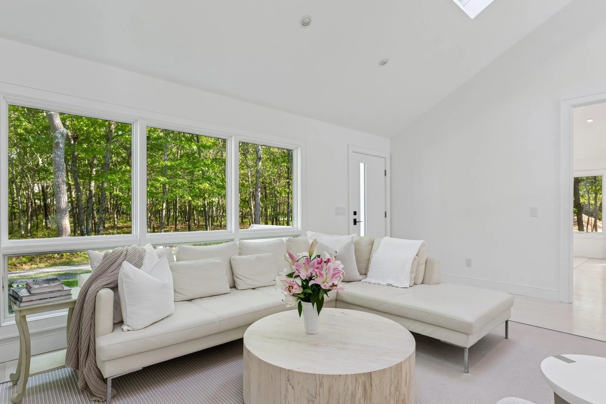Living room featuring baseboards, light colored carpet, and high vaulted ceiling Living room featuring baseboards, light colored carpet, and high vaulted ceiling