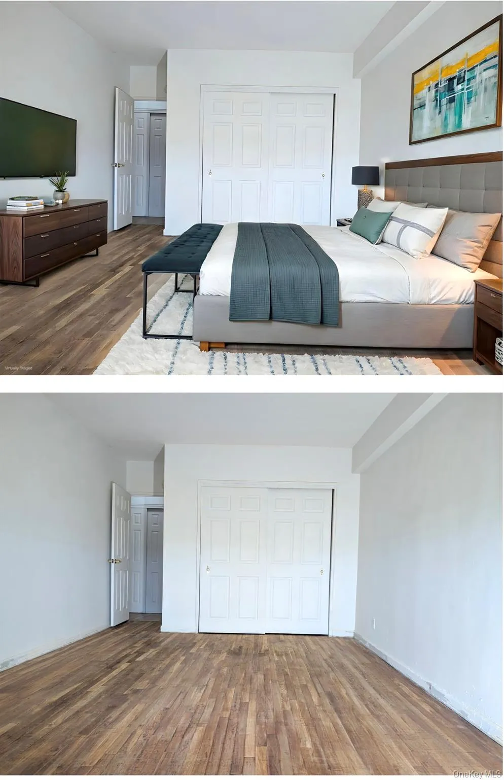 Bedroom featuring wood finished floors and two closets Bedroom featuring wood finished floors and two closets