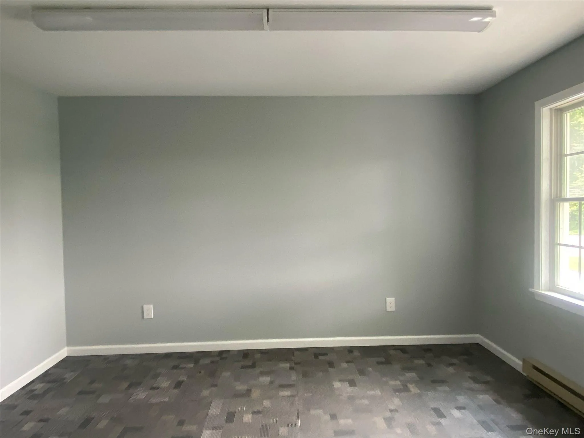 Empty room featuring a baseboard heating unit and dark wood-style floors Empty room featuring a baseboard heating unit and dark wood-style floors