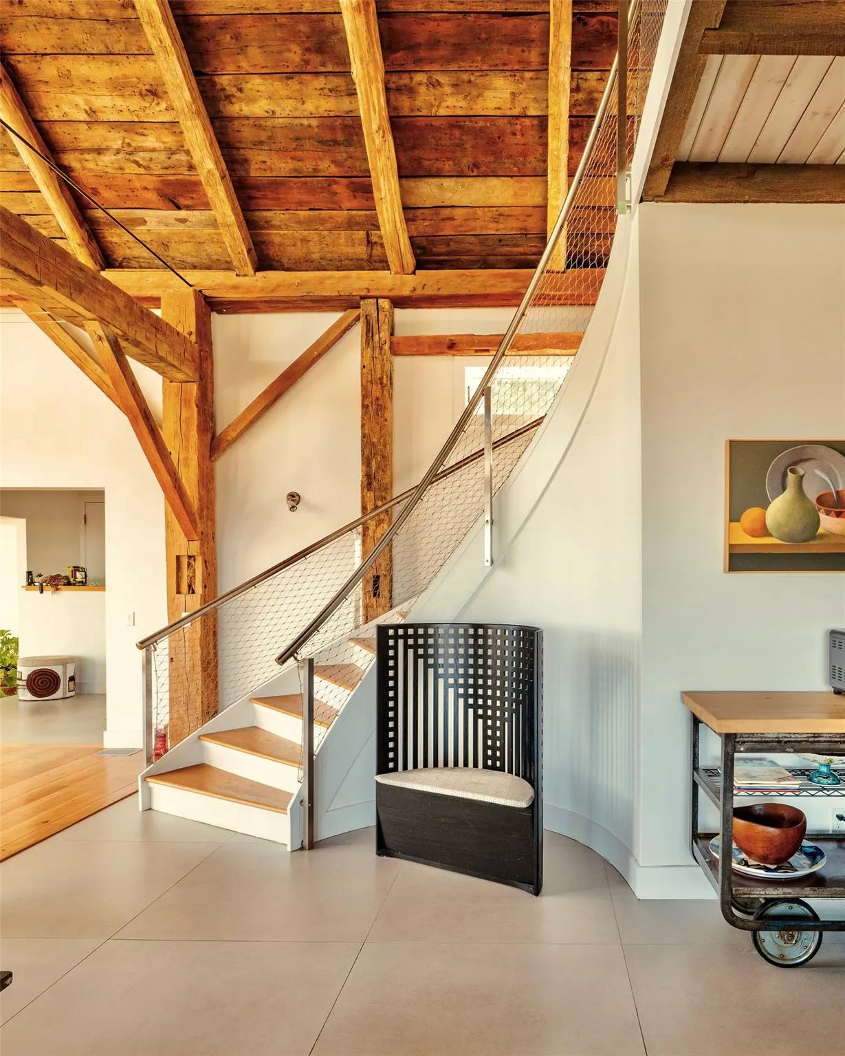 Staircase with wood ceiling with exposed beams Staircase with wood ceiling with exposed beams