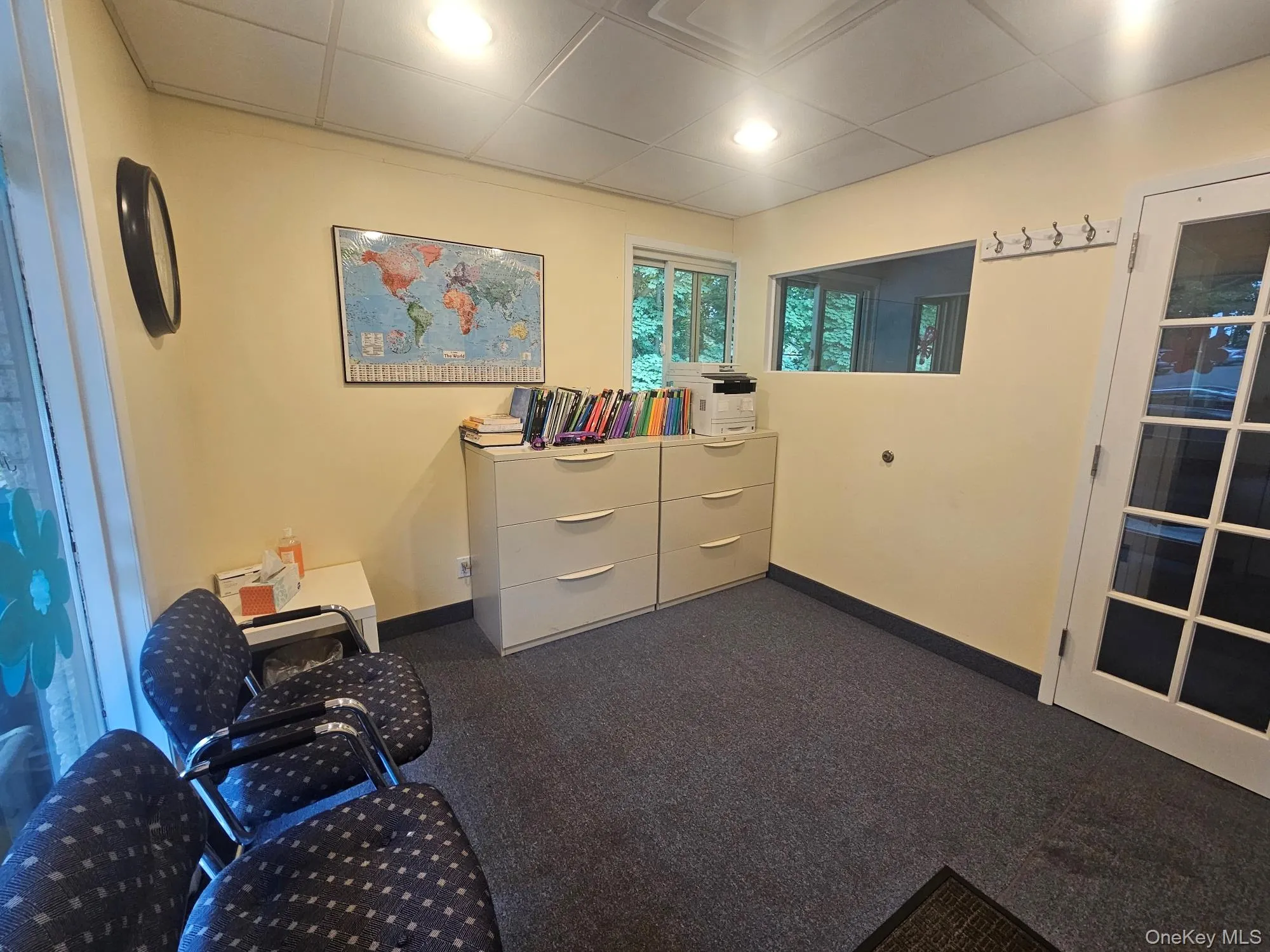Living area featuring baseboards, a drop ceiling, and dark colored carpet Living area featuring baseboards, a drop ceiling, and dark colored carpet