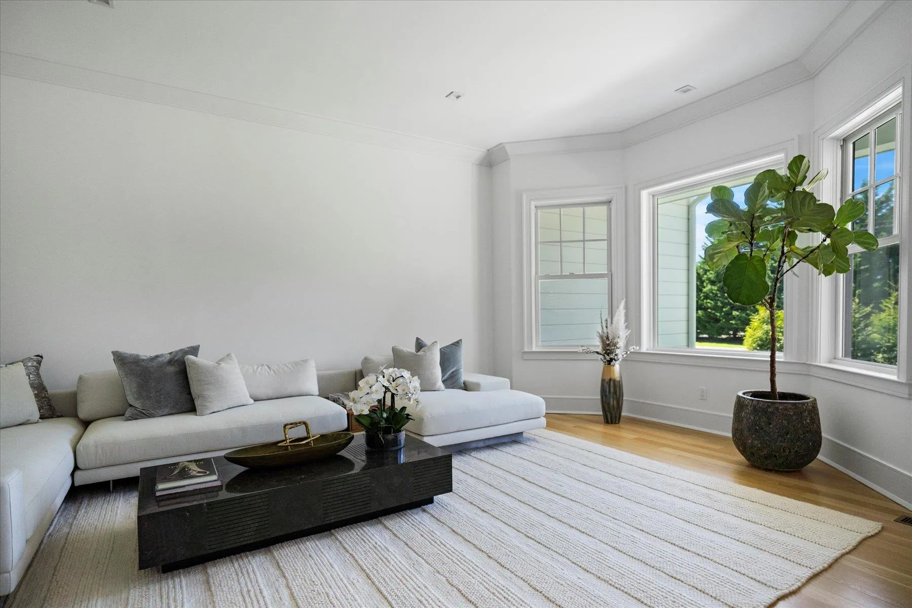 Living room with healthy amount of natural light, wood finished floors, crown molding, and baseboards Living room with healthy amount of natural light, wood finished floors, crown molding, and baseboards