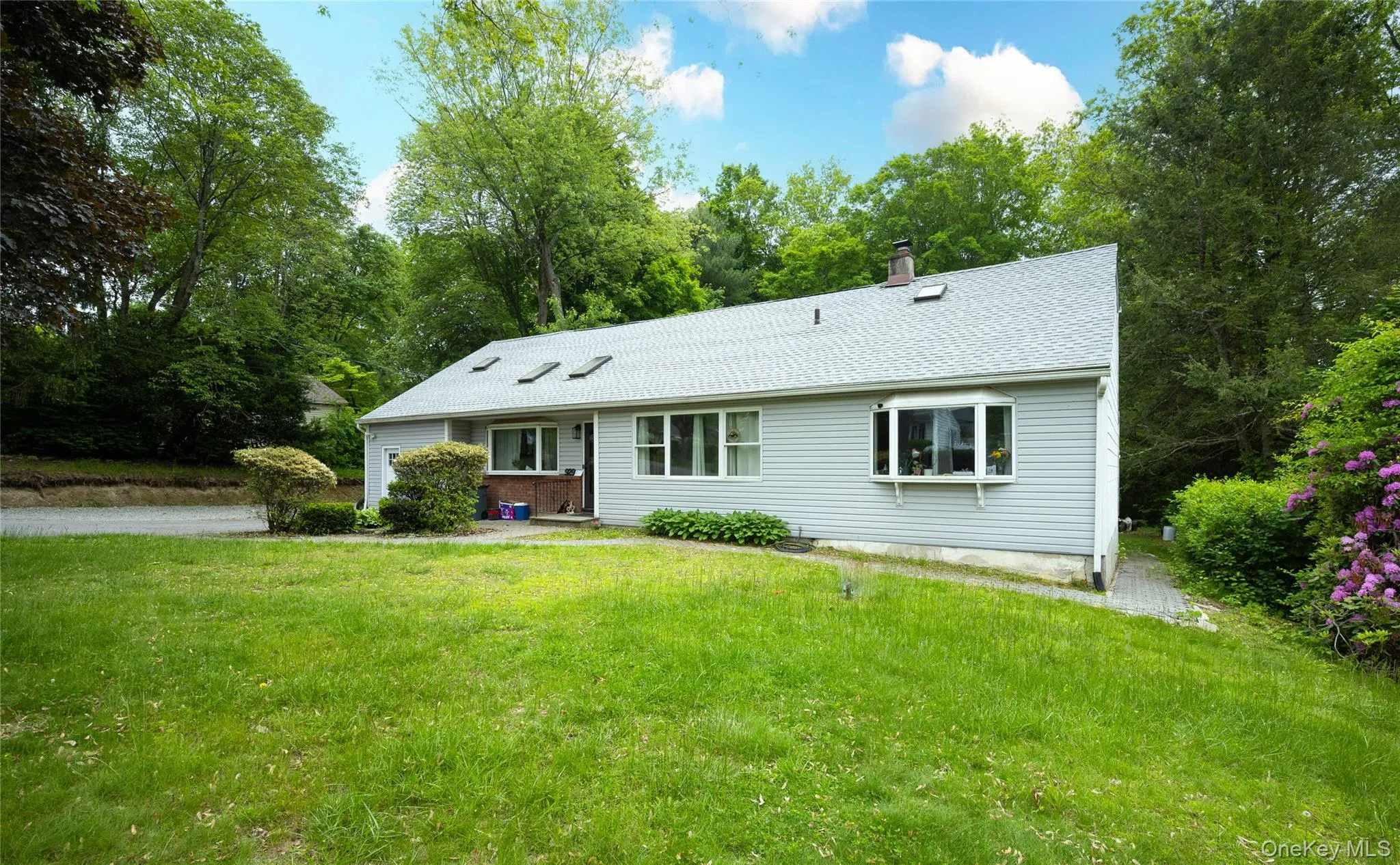 View of front of property featuring a front yard, a chimney, and roof with shingles View of front of property featuring a front yard, a chimney, and roof with shingles