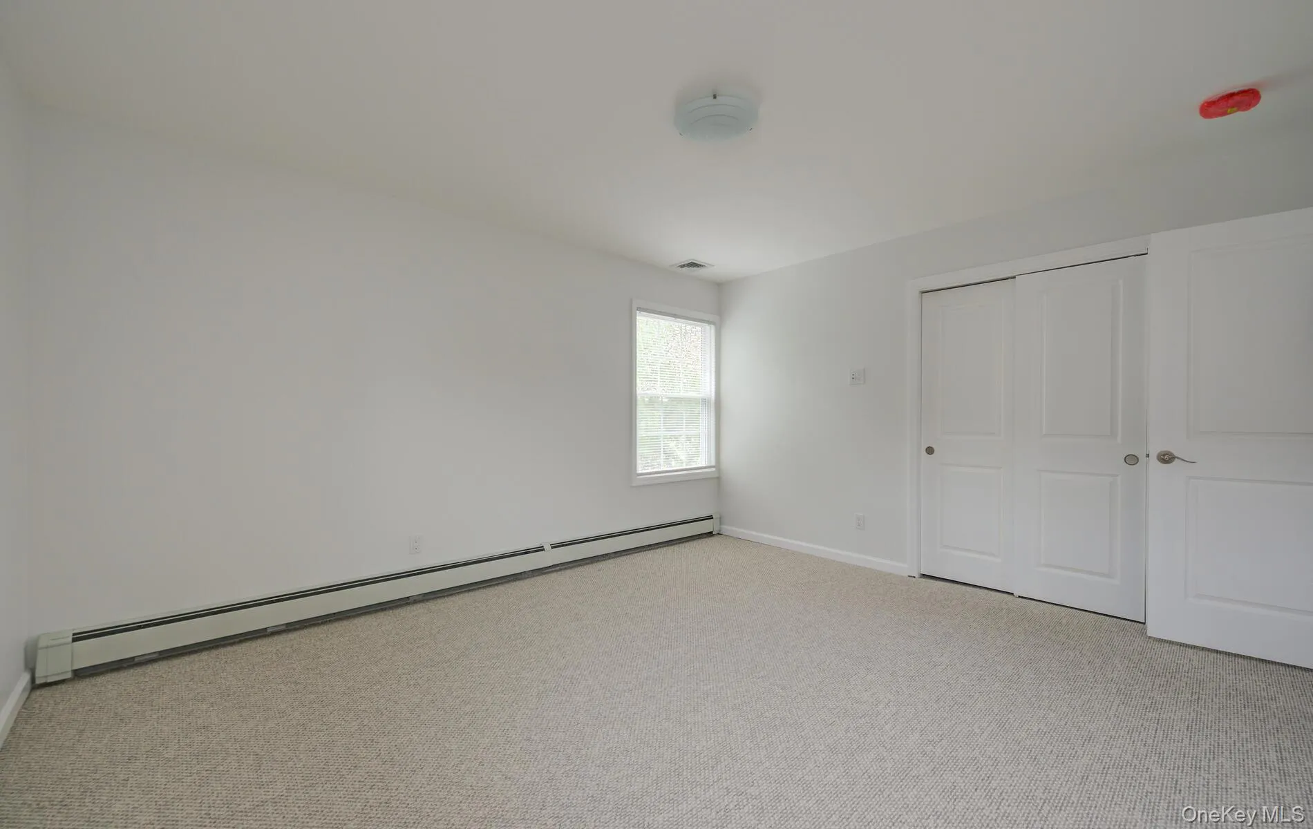 Unfurnished bedroom with baseboard heating, light colored carpet, baseboards, and a closet Unfurnished bedroom with baseboard heating, light colored carpet, baseboards, and a closet