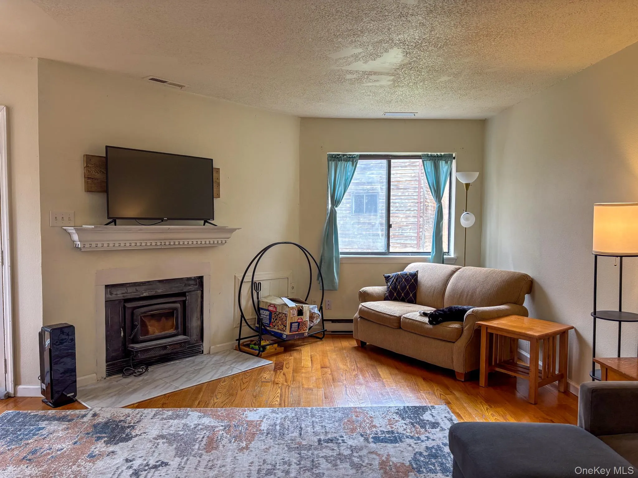 Living room featuring a textured ceiling, wood finished floors, and a baseboard heating unit Living room featuring a textured ceiling, wood finished floors, and a baseboard heating unit