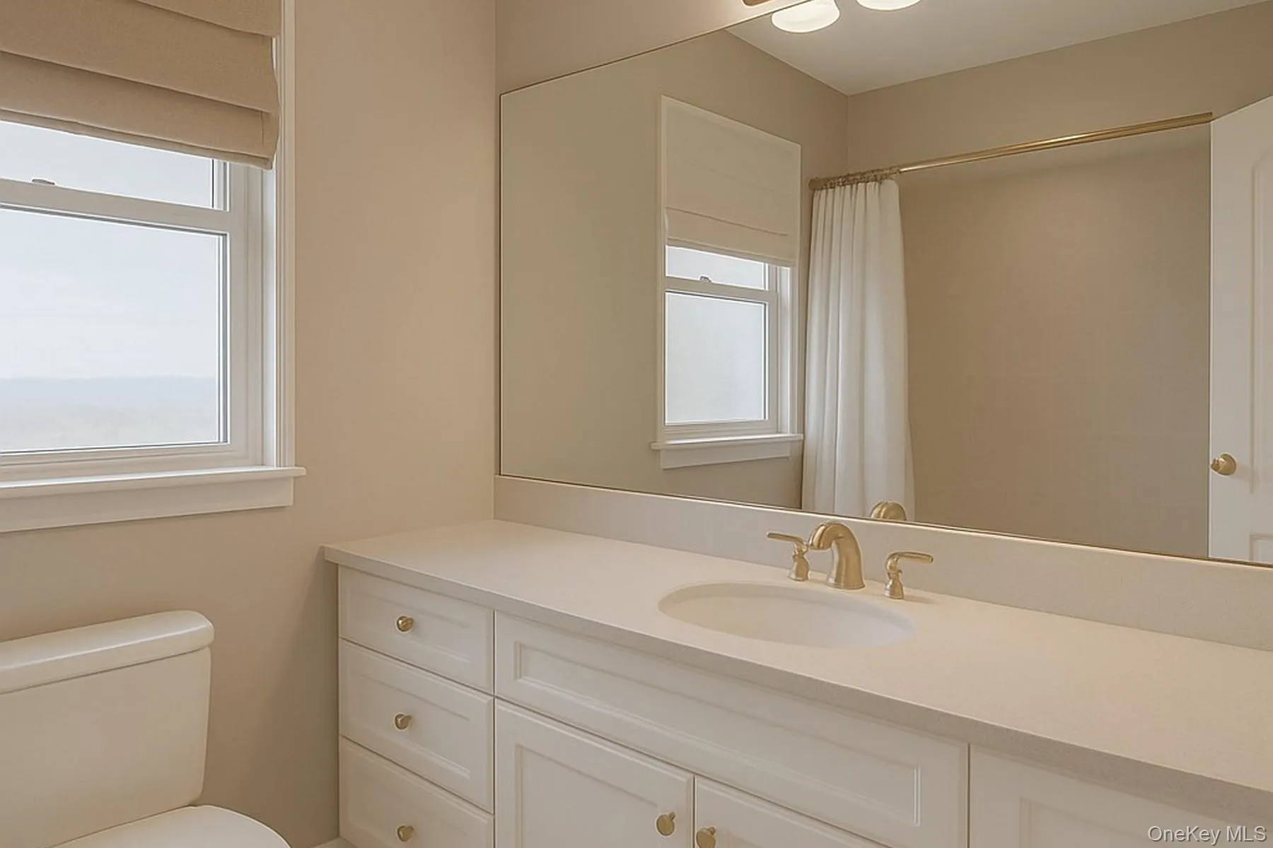 Bathroom with healthy amount of natural light, vanity, and a shower with curtain Bathroom with healthy amount of natural light, vanity, and a shower with curtain