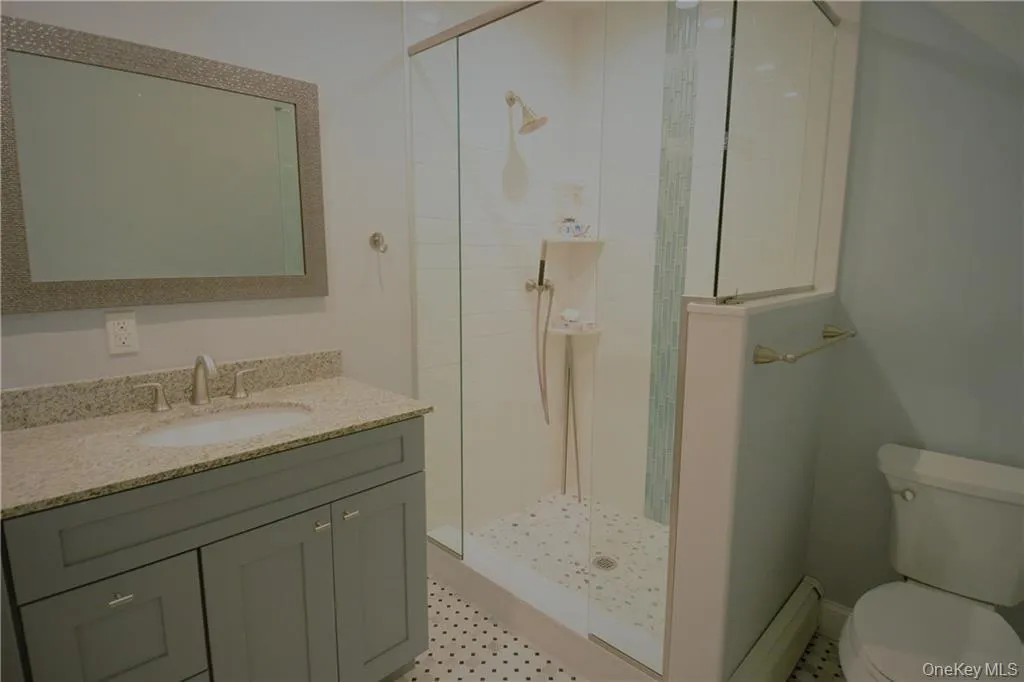 Full bathroom featuring a shower stall, toilet, vanity, and a baseboard heating unit Full bathroom featuring a shower stall, toilet, vanity, and a baseboard heating unit
