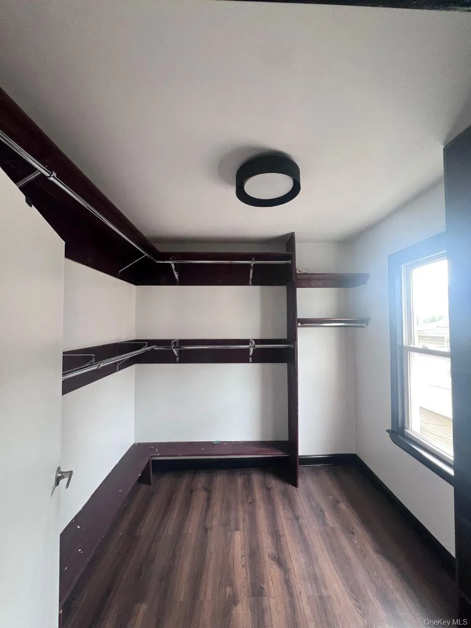 Walk in closet featuring dark wood-type flooring Walk in closet featuring dark wood-type flooring